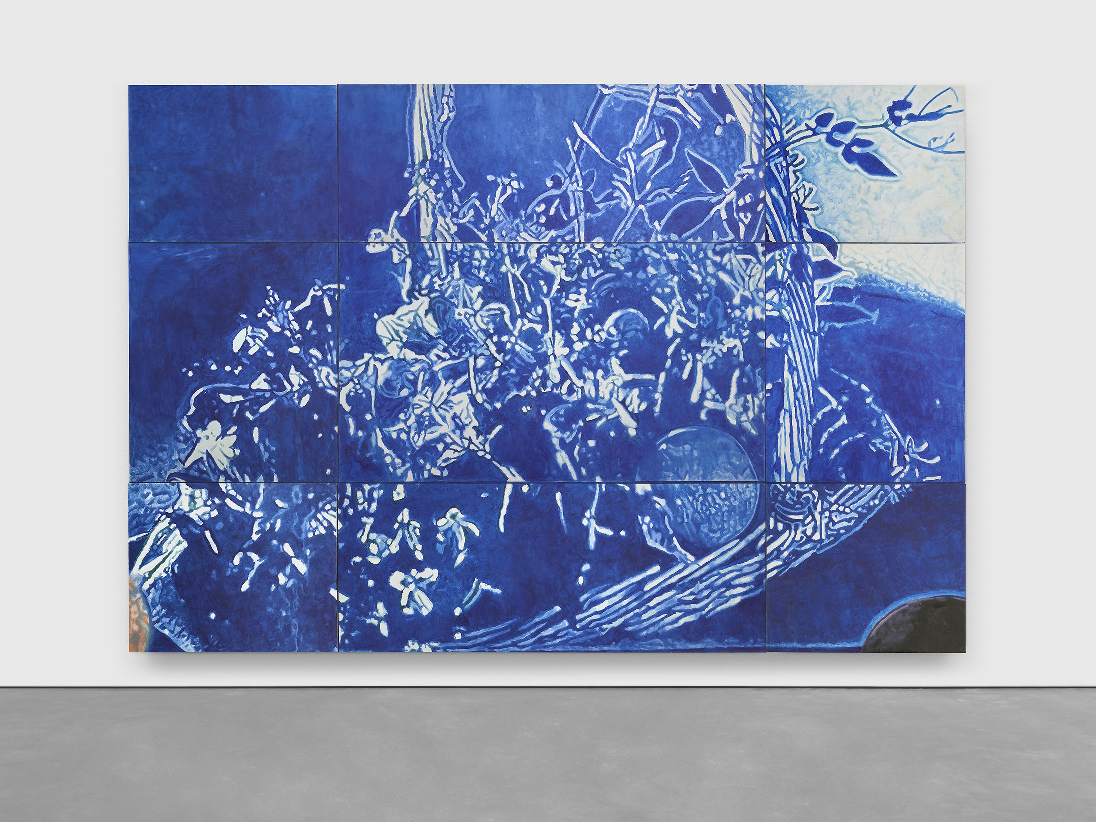 Luc Tuymans, The Fruit Basket, 2025, Oil on canvas in nine (9) parts. Overall: 192 3/8 x 283 inches (488.6 x 718.8 cm). Courtesy of the artist and David Zwirner.