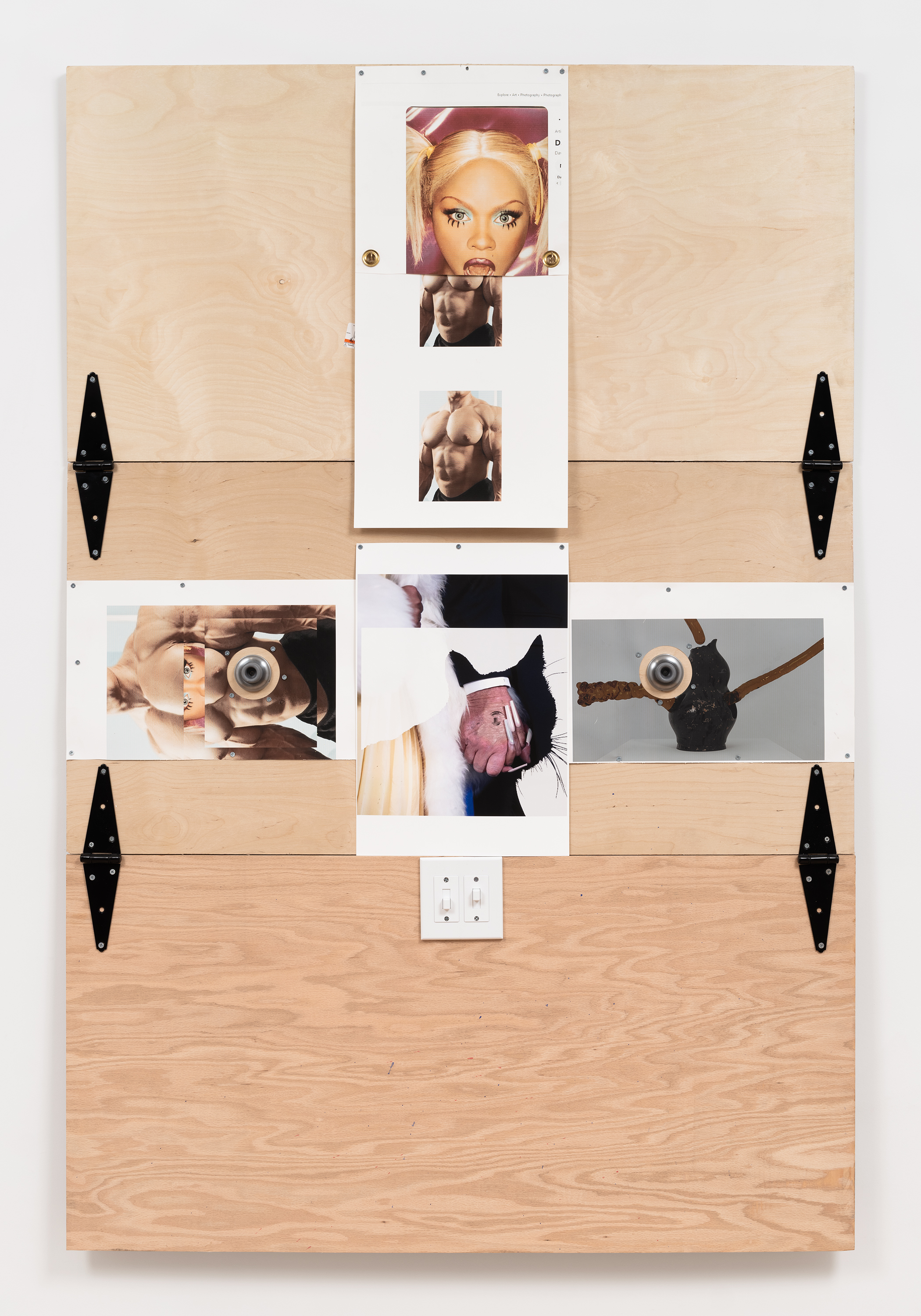 Ravi Jackson, Untitled, 2025 Inkjet prints, hinges, doorstops, and light switches on wood, 72.5 x 48 x 2 inches 184.2 x 121.9 x 5.1 cm. Courtesy of the artist and Page (NYC).