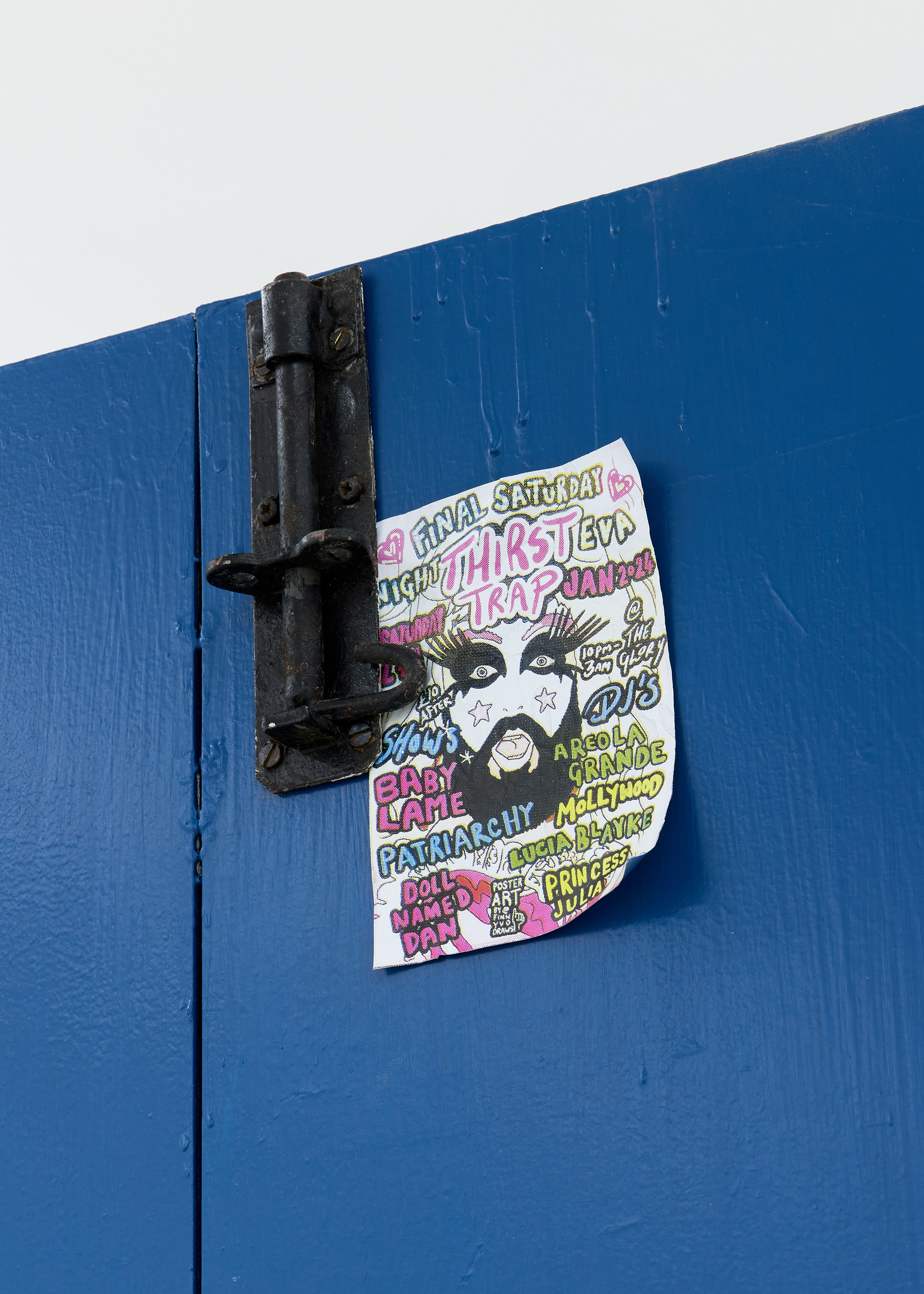 Fiona Connor, Closed Down Clubs, The Glory plywood, hardware, silk screen on coated aluminium foil, surface coatings two doors each: 207.6 × 65.4 × 10.2 cm – 81 3/4 × 25 3/4 × 4 in 2026. Courtesy of the artist and Maureen Paley.