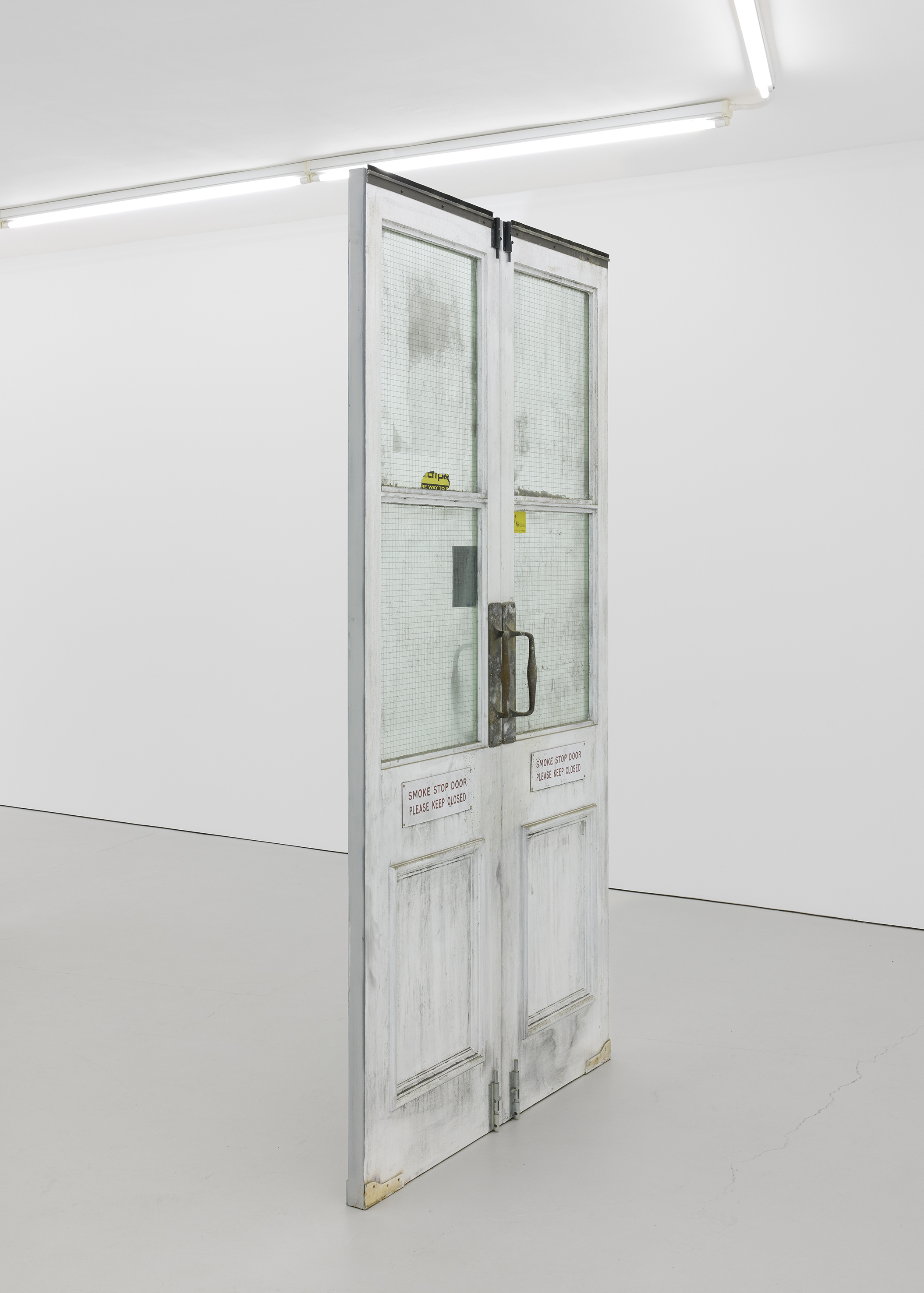 Fiona Connor, Closed Down Clubs, Inangahua Arms Hotel Douglas fir, glass, hardware, silk screen on coated aluminium foil and vinyl, surface coatings 240 × 130 cm – 94 1/2 × 51 1/8 in 2026. Courtesy of the artist and Maureen Paley.