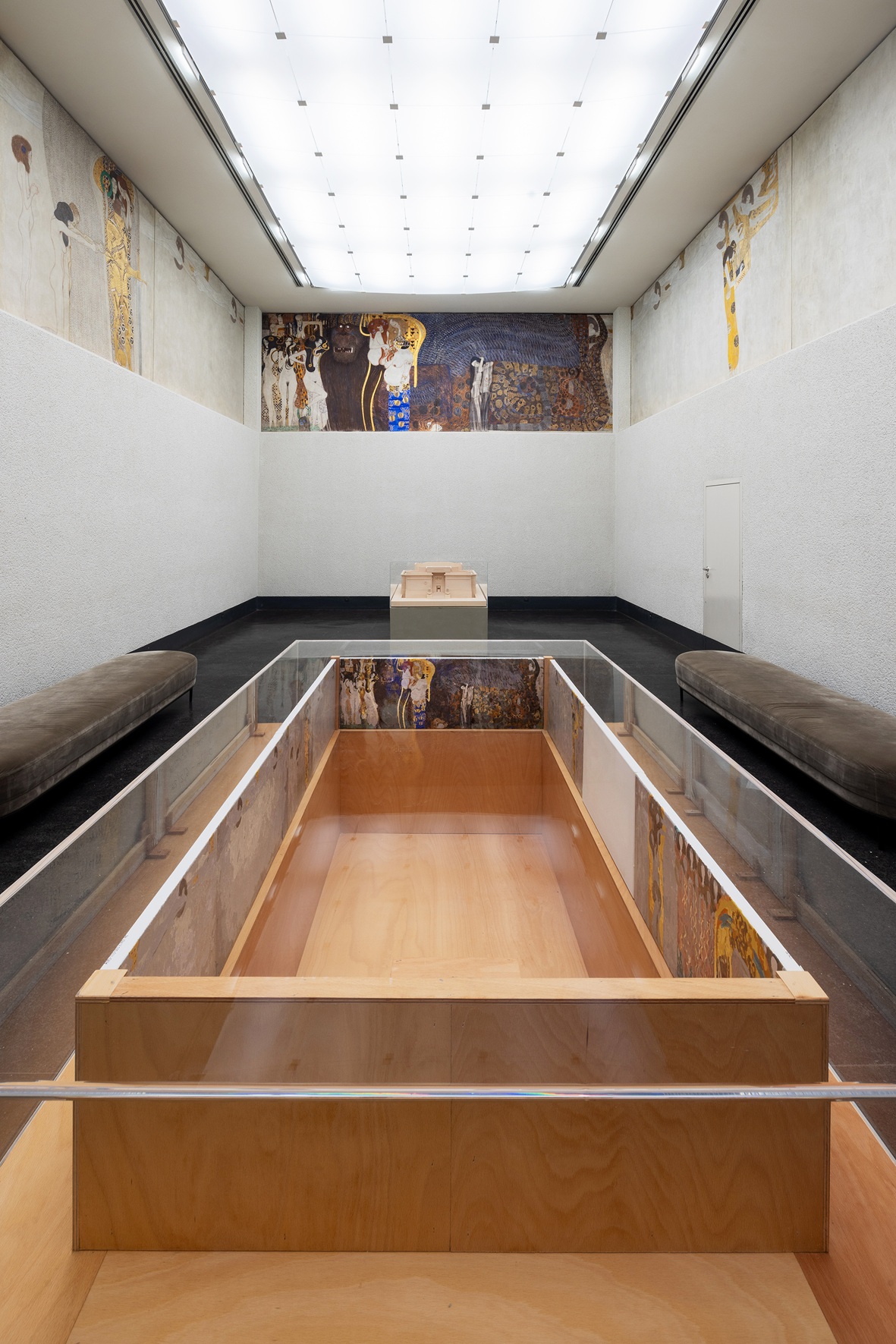 Reba Maybury, The Beethoven Frieze, Architectural model with five paint by number paintings, 2026, installation view I Come in Peace, Secession 2026. Photo: Lisa Rastl. Courtesy of the artist and Secession.