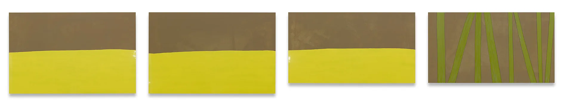 Gary Hume, Three Yellow Horizons and a Green Wood, 2013, Gloss on aluminium in four parts Dimensions variable. Courtesy of the artist and Sprüth Magers.