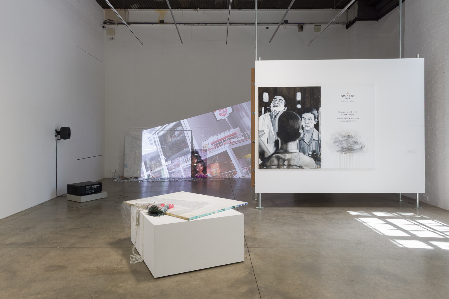 Installation view, Genuine Fake Premium Economy: Jenna Bliss, Buck Ellison & Jasmine Gregory, Institute of Contemporary Arts, London, 2026. Photo: Rob Harris.