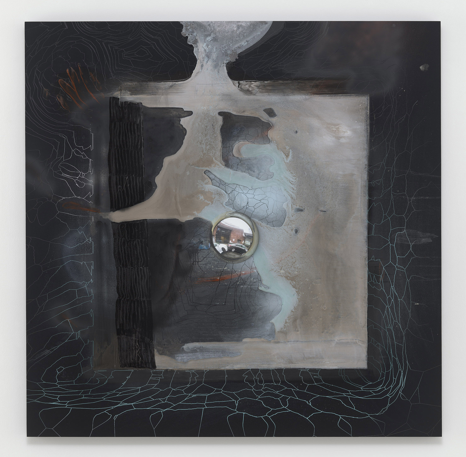 Seth Price, Opening the Studio to the Inside, 2026, Aluminum powder, enamel, acrylic polymers, and UV print on aluminum composite 57.75 x 57.75 x 1.125 in 146.7 146.7 2.9 cm (SPR 26/005). Courtesy of the artist and Petzel Gallery
