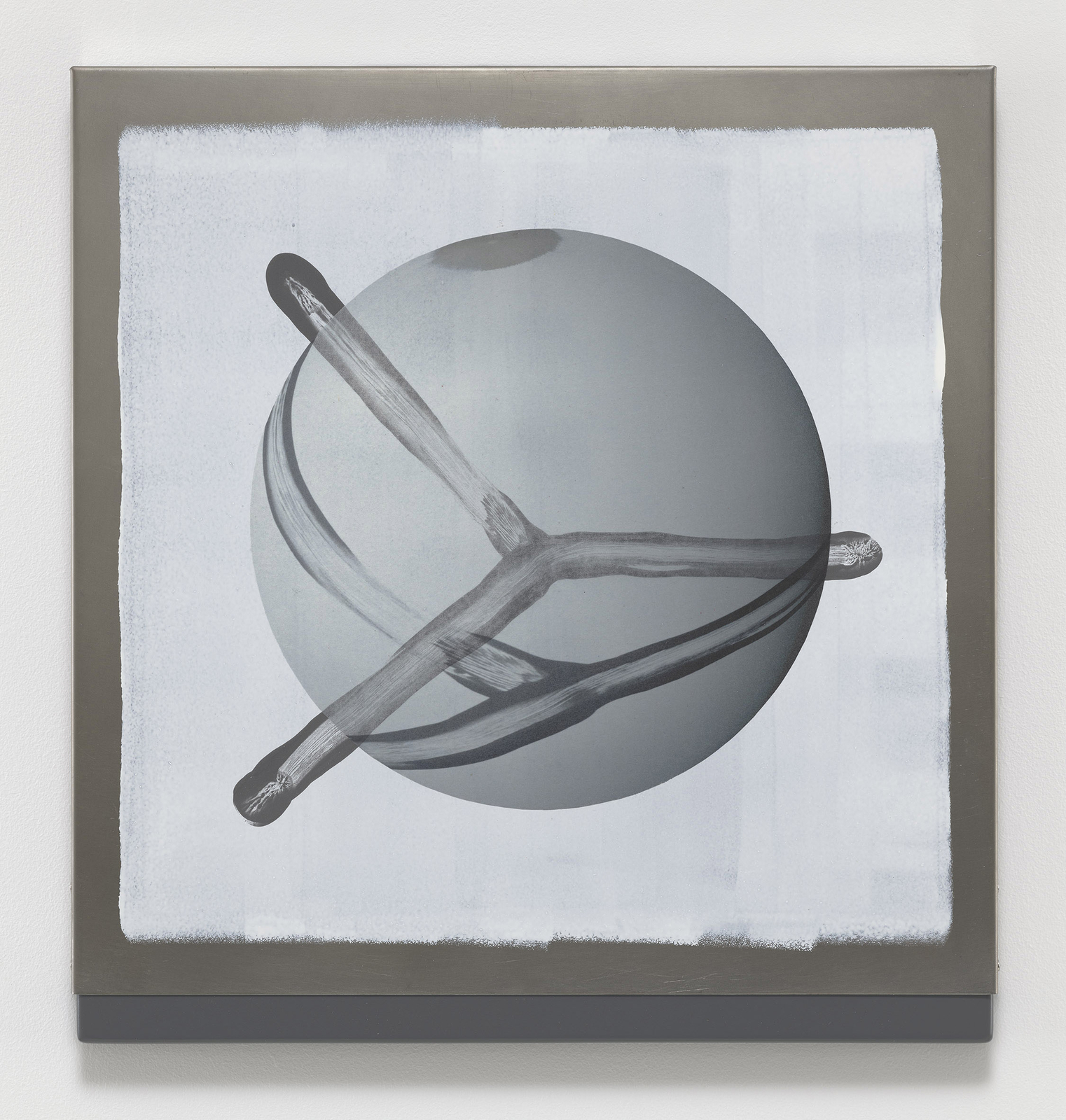 Seth Price, Untitled, 2026, Powdered steel in acrylic polymer, enamel paint, inkjet on paper, cold-rolled steel, wood 18 x 18 x 1 in 45.7 x 45.7 x 2.5 cm (SPR 26/007). Courtesy of the artist and Petzel Gallery..