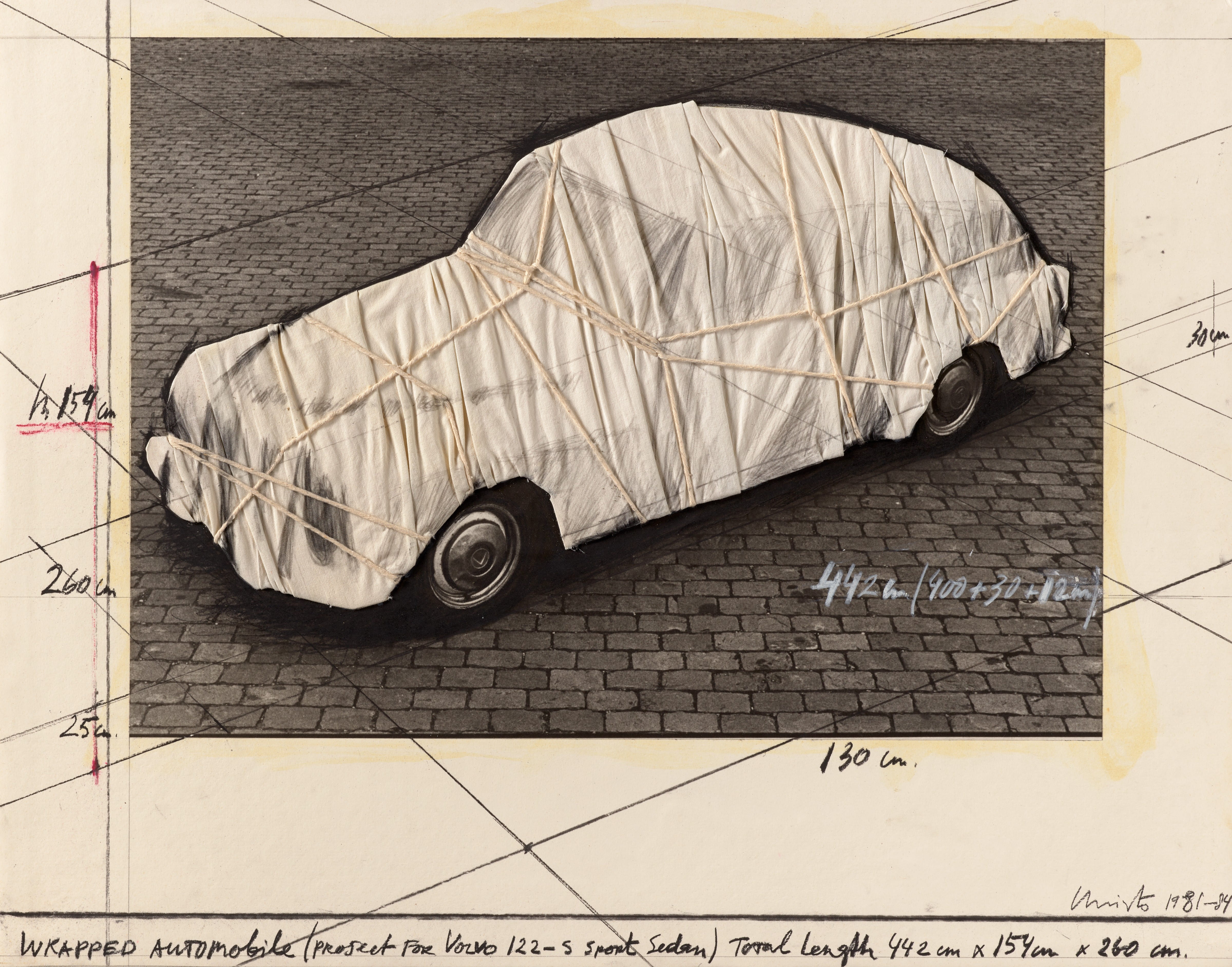 Christo, Wrapped Automobile (Project for Volvo 122 S Sport Sedan), 1981-84. Graphite, charcoal, wax crayon, photostat, cardboard, fabric, and twine on paper, 22 × 28 inches (55.9 × 71.1 cm). © Christo and Jeanne-Claude Foundation. Photo: Prudence Cuming Associates Ltd. Courtesy of the artist and Gagosian.