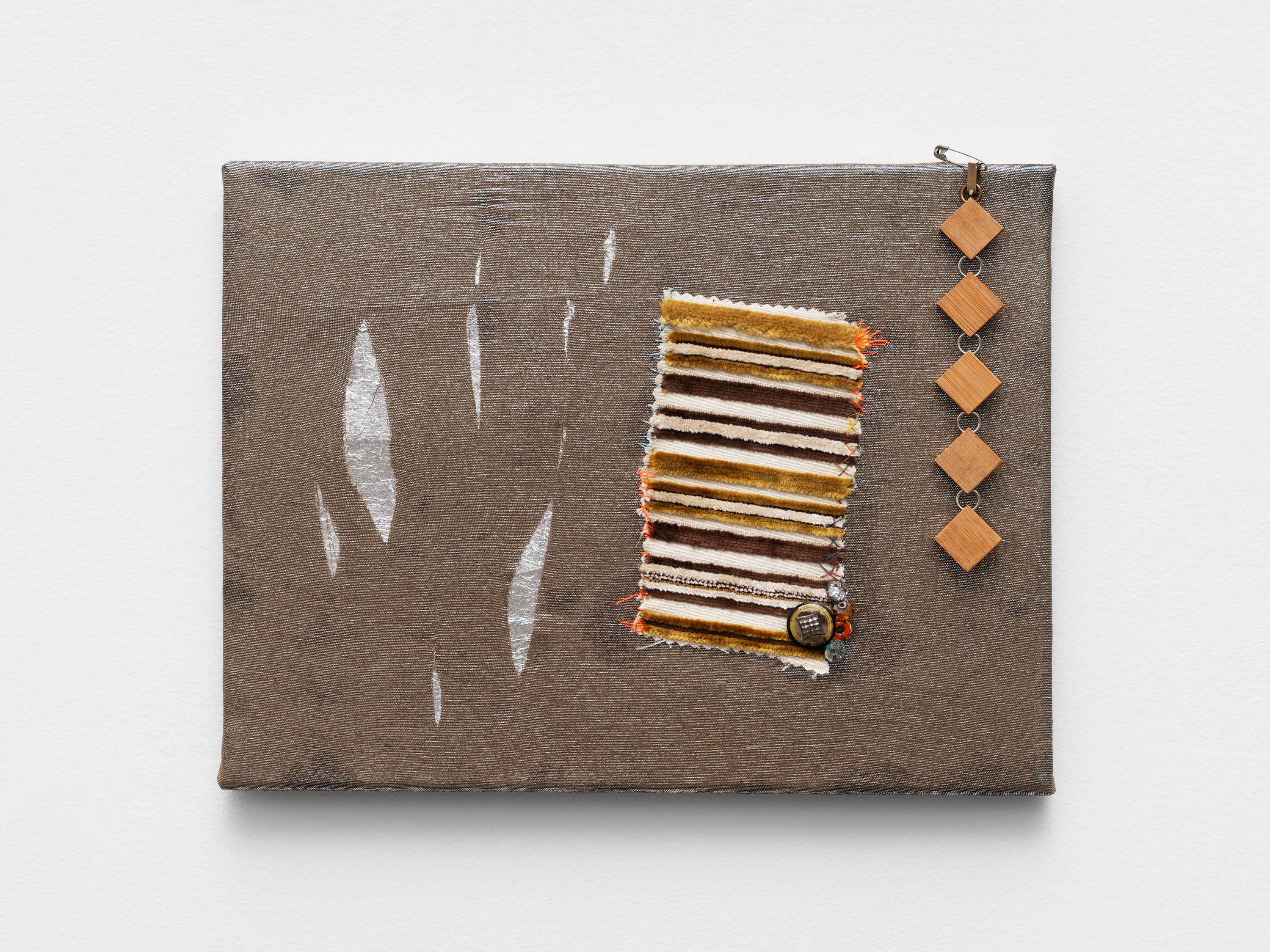 Whitney Claflin Tuning, 2026, oil, acrylic, ink, silverleaf, tank top, thread, bracelet, buttons, and fabric on canvas, 9h x 12w in, 22.86h x 30.48w cm. WC-26-31. Courtesy of the artist and The Green Gallery.