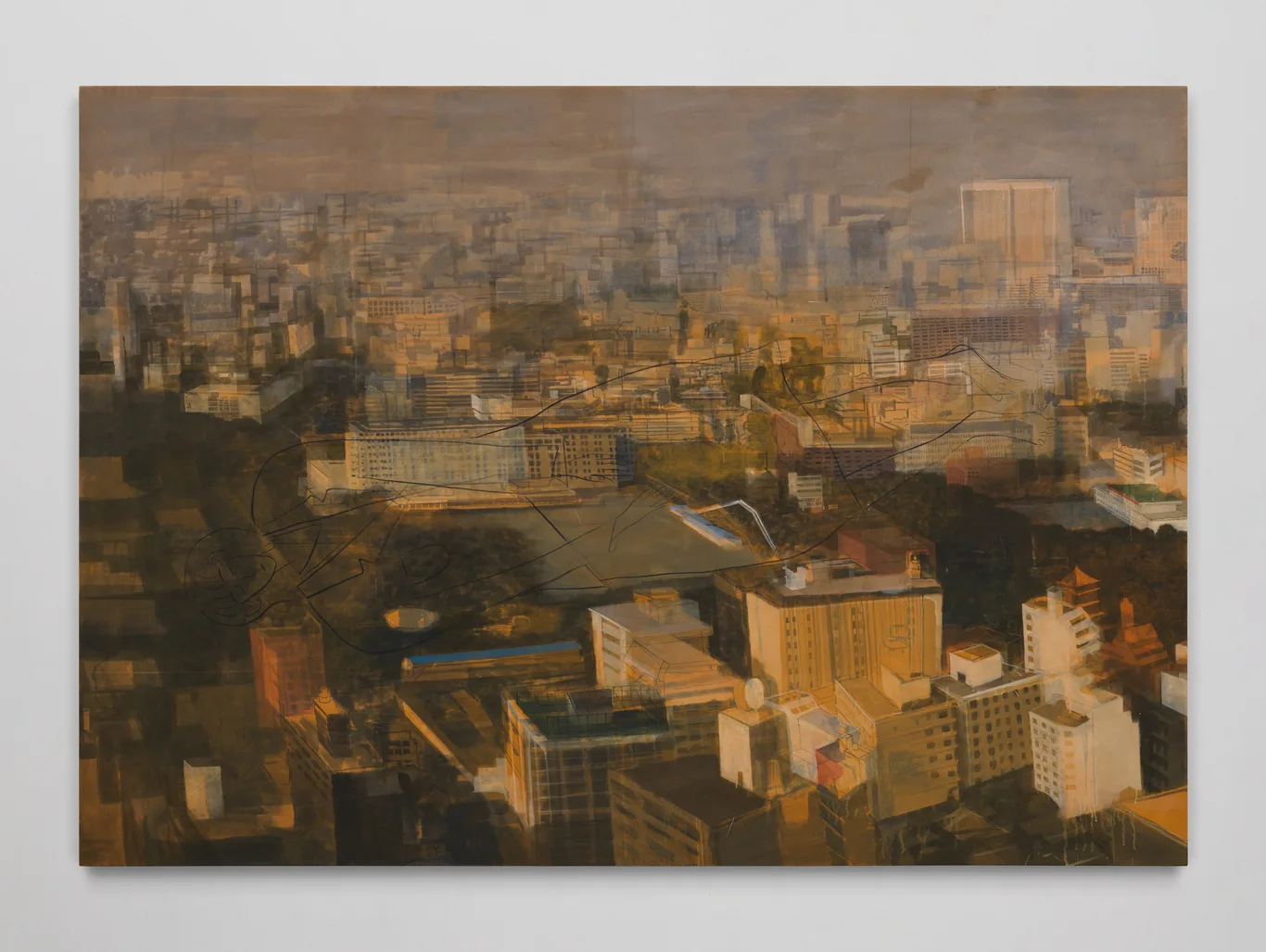 Yu Nishimura, Hours, 2026, tempera and oil on cotton, 224.4 x 318.5 x 4.8 cm / 88 ⅜ x 125 ⅜ x 1 ⅞ in. Courtesy of the artist and Sadie Coles HQ. Photo: Kei Okano.