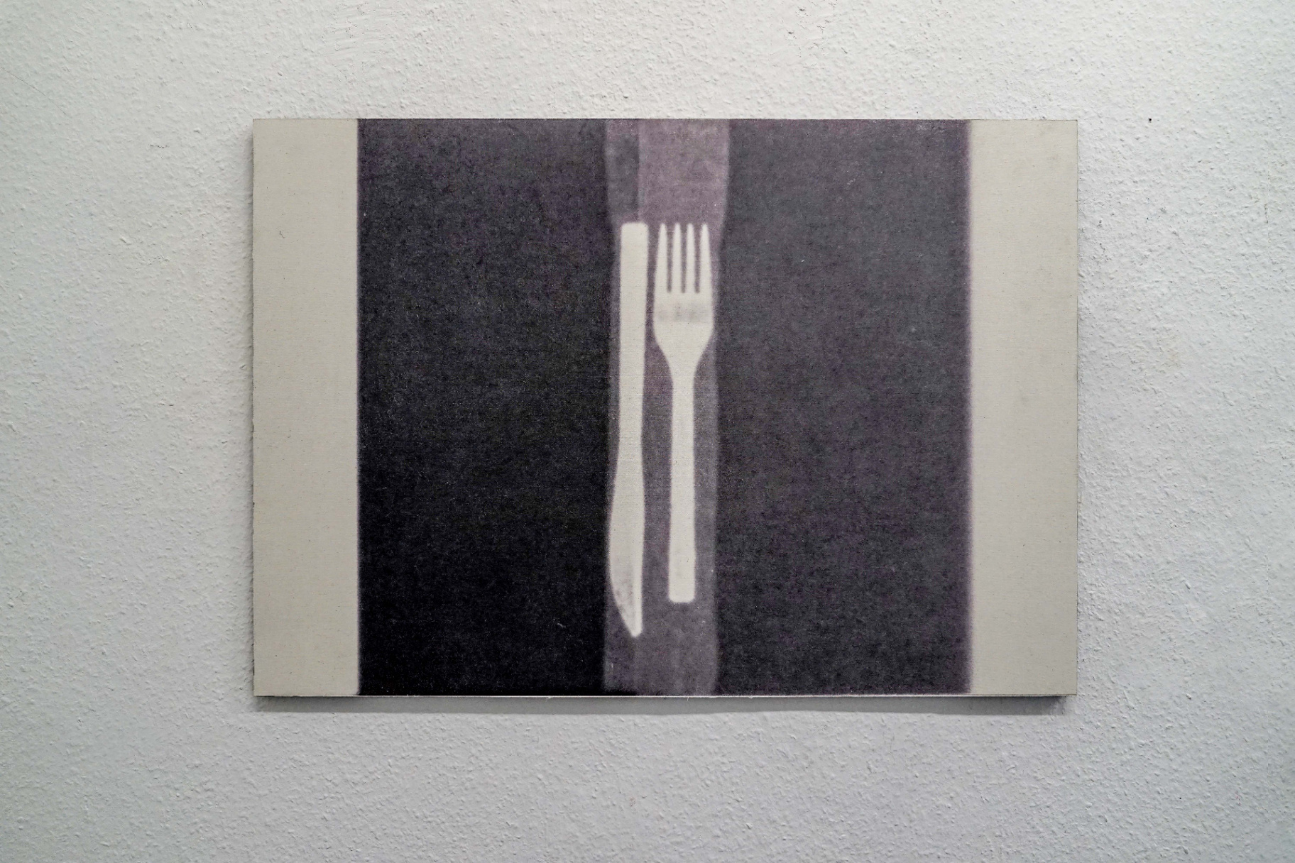 Joline Uvman, Disposable Knife and Fork No. 2, 2026, UV print on canvas on MDF, 68 x 95cm. Courtesy of the artist and Stooj Fine Arts, Berlin.