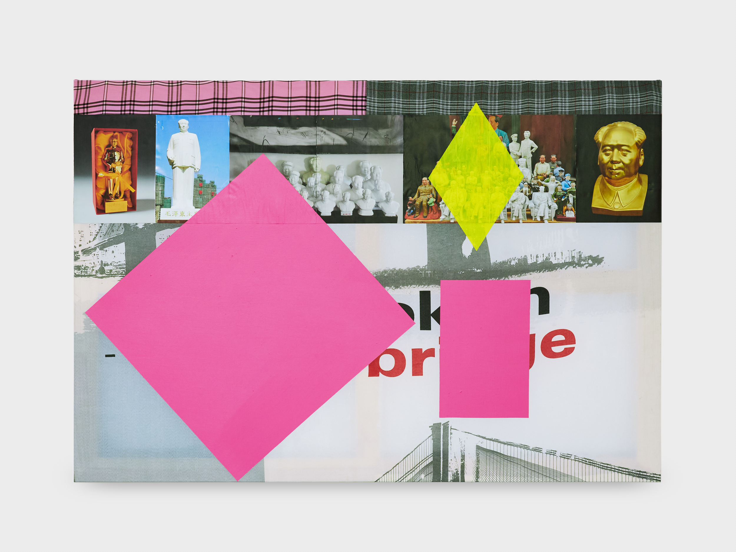 Angélique Heidler, Useful idiots, 2026. Acrylic and collage on sewn textile. 89 × 130 cm. Photo credit: Philipp Rupp