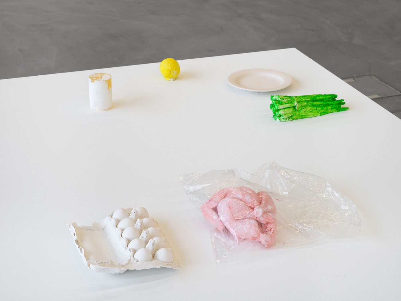 Installation view, Henrik Olesen: Copies of real-life objects, tools and food, 2026. Courtesy of the artist and Kunsthalle Zürich. Image: Cedric Mussano.