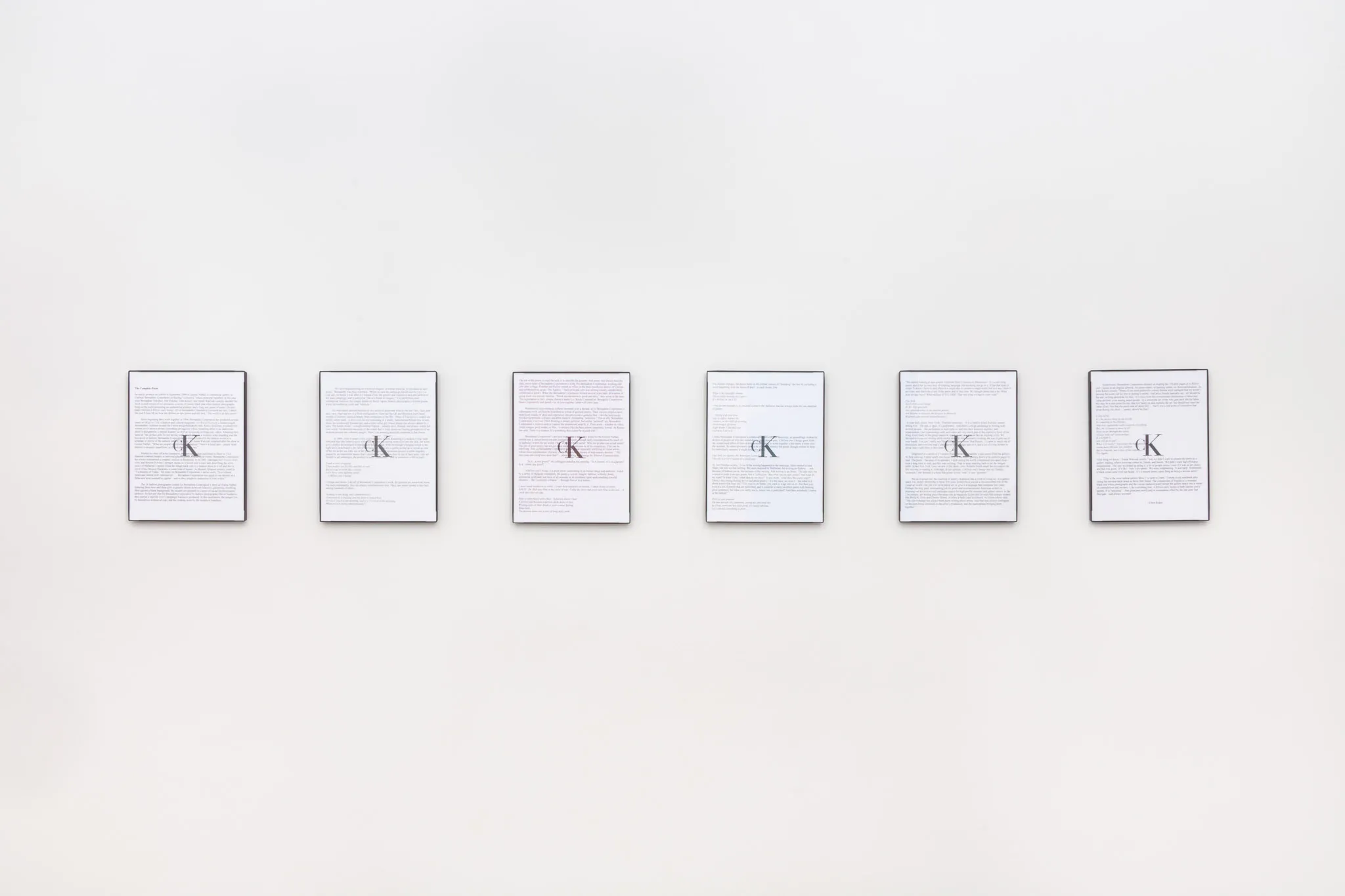 Chris Kraus, The Complete Poem, Six framed prints, 8.5 x 11 inches (each), 2026. Courtesy of the artist and Gene's Dispensary.