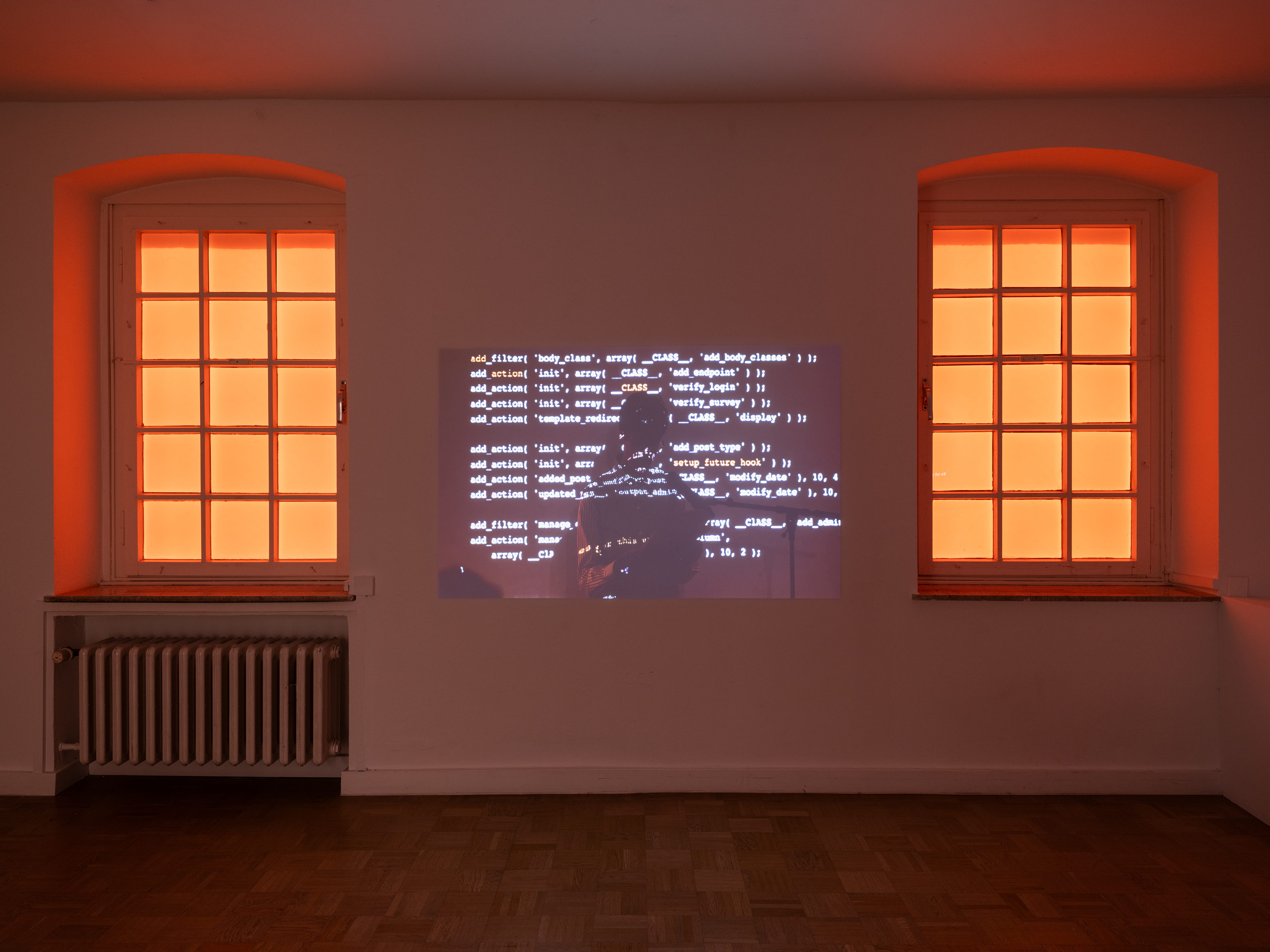 Anna R. Winder, Untitled, 2023 (left); Playboy Deutschland, Stabi Munich, 2023 (right). Miriam Stoney, Standing Her Lap Disappears, 2026 (middle). Installation view, read to/for | I read to sense the doubling of time, Kunstverein Bielefeld, 2026. Courtesy der Künstlerin | of the artist Photo: Fred Dott