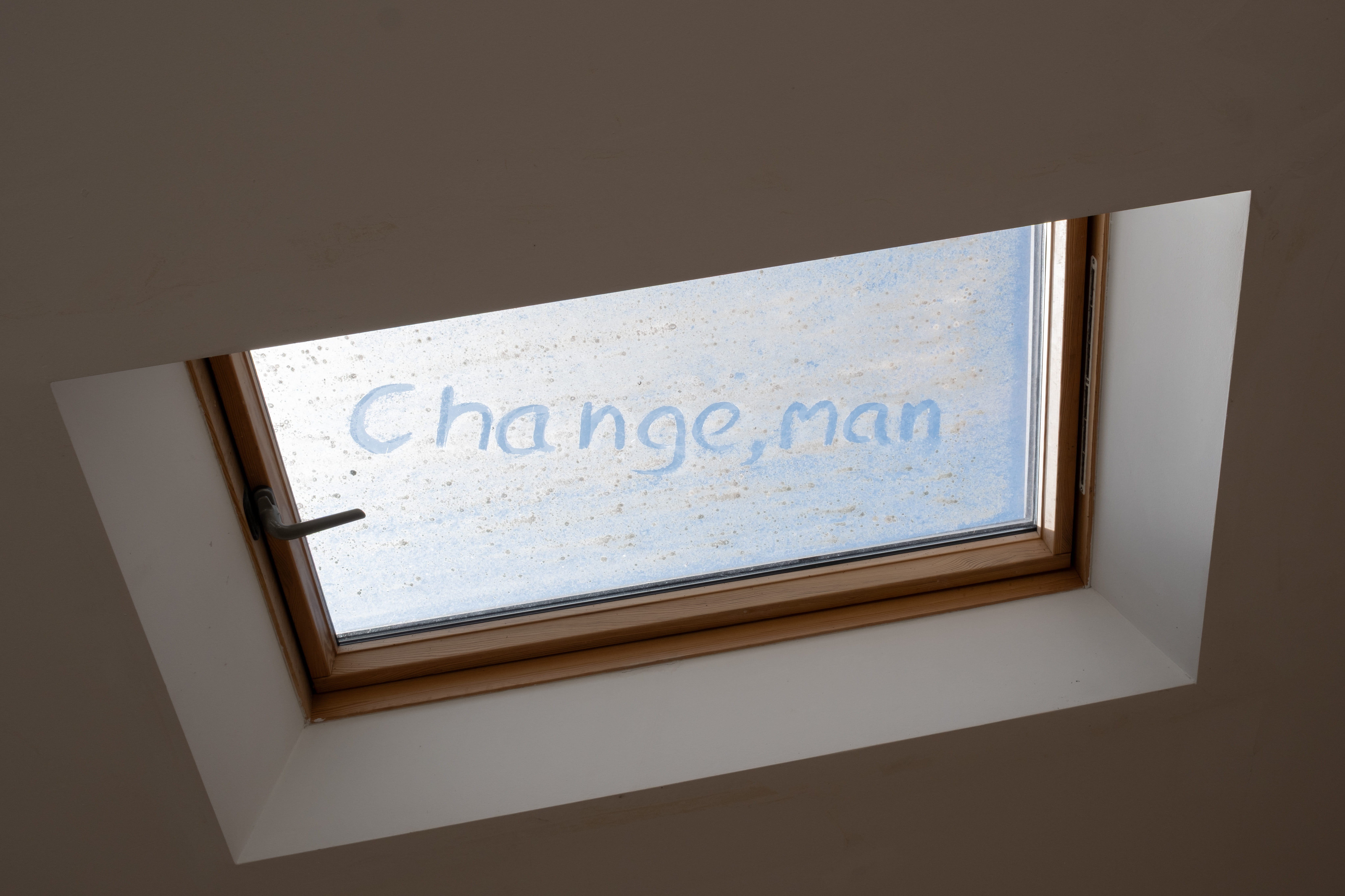 Dana Munro, Change, man, 2026, lichen removed from skylight. Courtesy of the artist and Flat Time House, London.