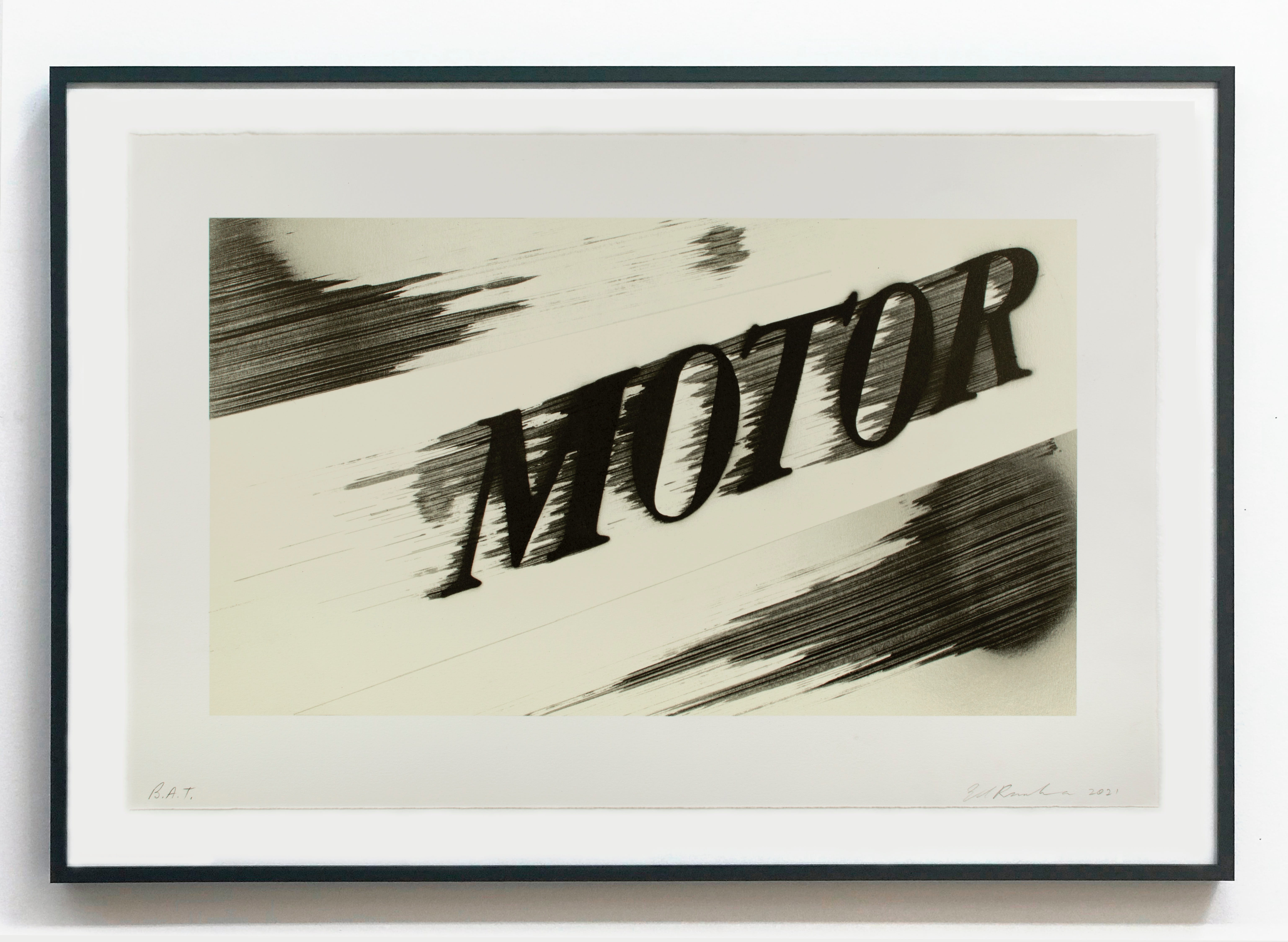 Ed Ruscha, Motor, 2021, lithograph, framed: 20 1/4 x 29 1/2 in (51.4 x 74.9 cm), unframed: 16 3/4 x 26 in (42.5 x 66 cm). Courtesy of the artist and Bel Ami.