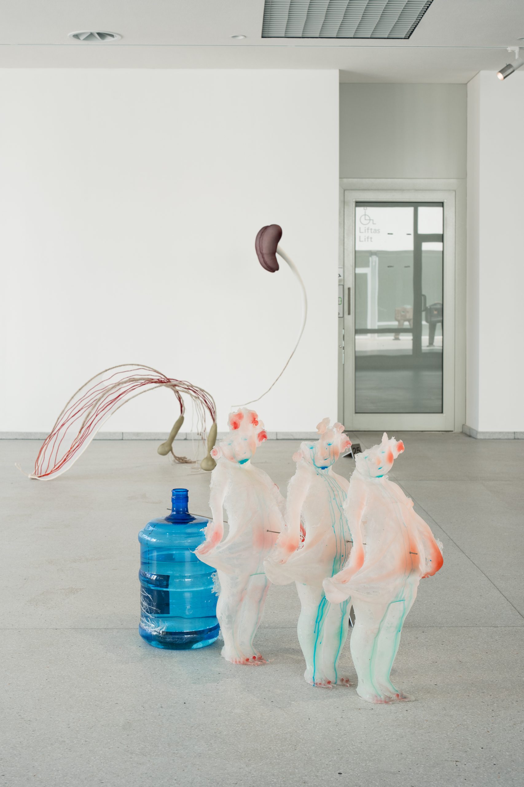Rebecca Ackroyd, “Virgin Suicides”, 2024. Bottle of water, epoxy resin casts, printed image, threaded bar, 78 × 48 × 112 cm. Courtesy of the artist. Jūratė Kazakevičiūtė, “Broadleaf Plantain and Stamen”, 2024. Wire, linen, nylon, non-woven fabric, 135 × 22 × 29 cm. Courtesy of the artist. “Superglue, or Inventing the Friend”, Contemporary Art Centre, 2026. Photographer: Andrej Vasilenko