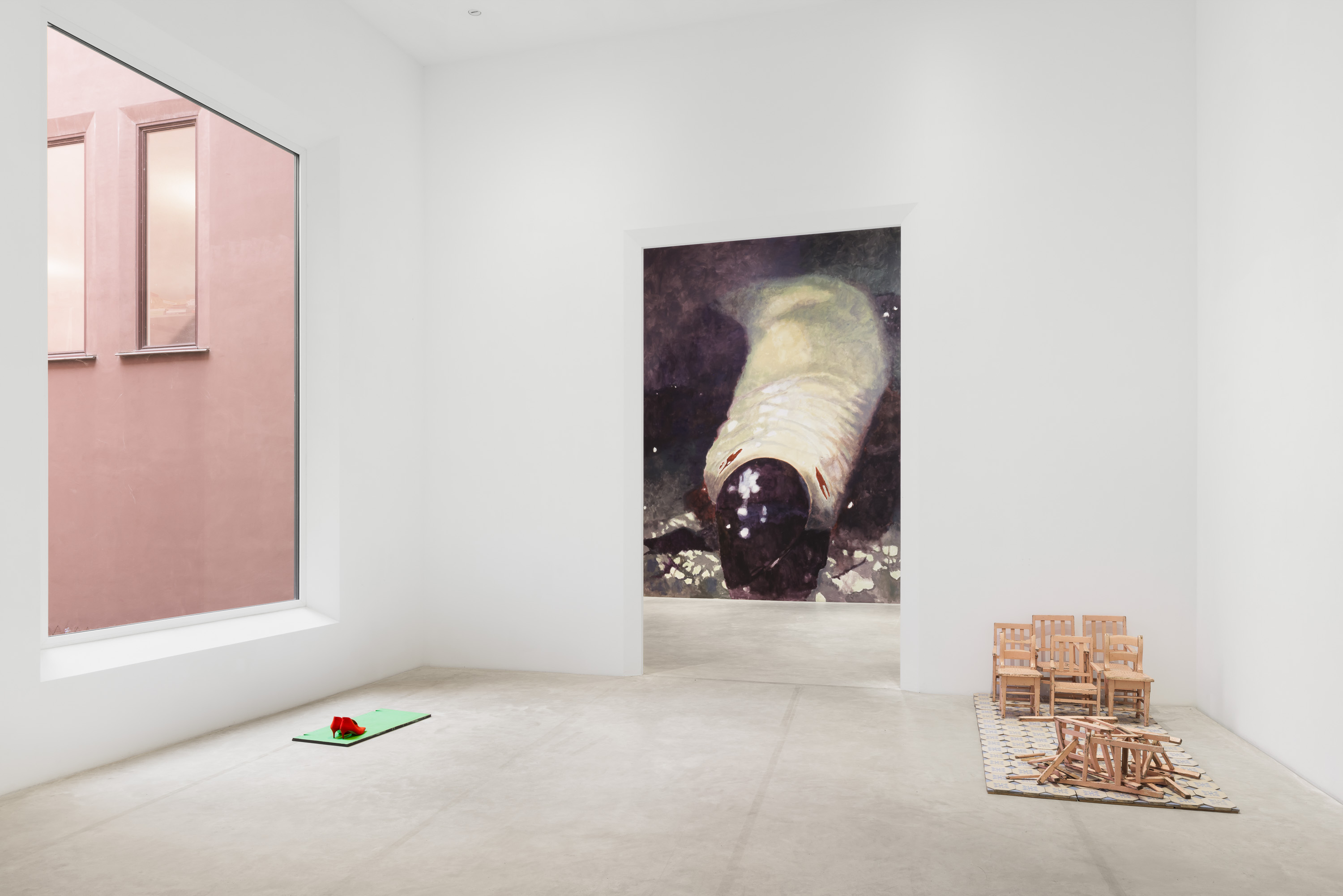 Installation view of Before Our Eyes at Z33, Hasselt. Foreground: Marianne Berenhaut, À travers le printemps, 2025 (left); Marianne Berenhaut, Jardin d’enfants, 1986 (right). Courtesy of the artist and Dvir Gallery. Background: Luc Tuymans, The Maggot, 2026. Courtesy of the artist. Photo: Useful Art Services.