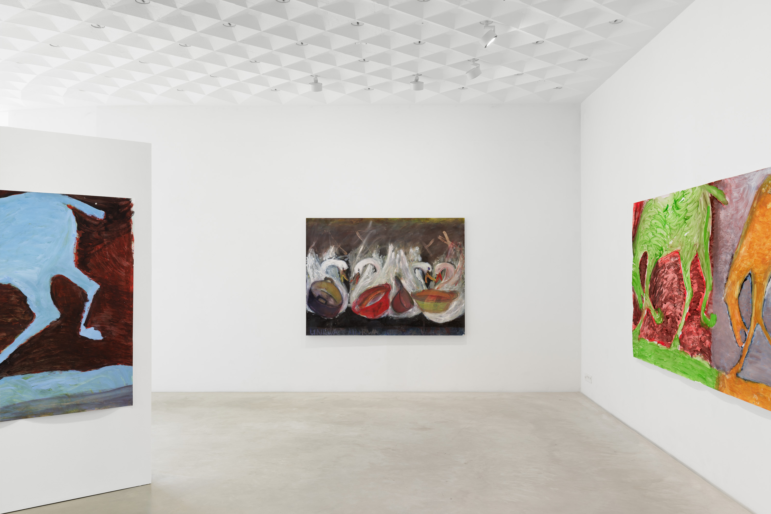 Installation view of Before Our Eyes at Z33, Hasselt. Center: Rosalind Nashashibi, Swans and Pots (four), 2024. Courtesy of the artist and GRIMM Amsterdam | London | New York. Left and right: detail of Rosalind Nashashibi, The Return, 2026. Courtesy of the artist. Photo: Useful Art Services.