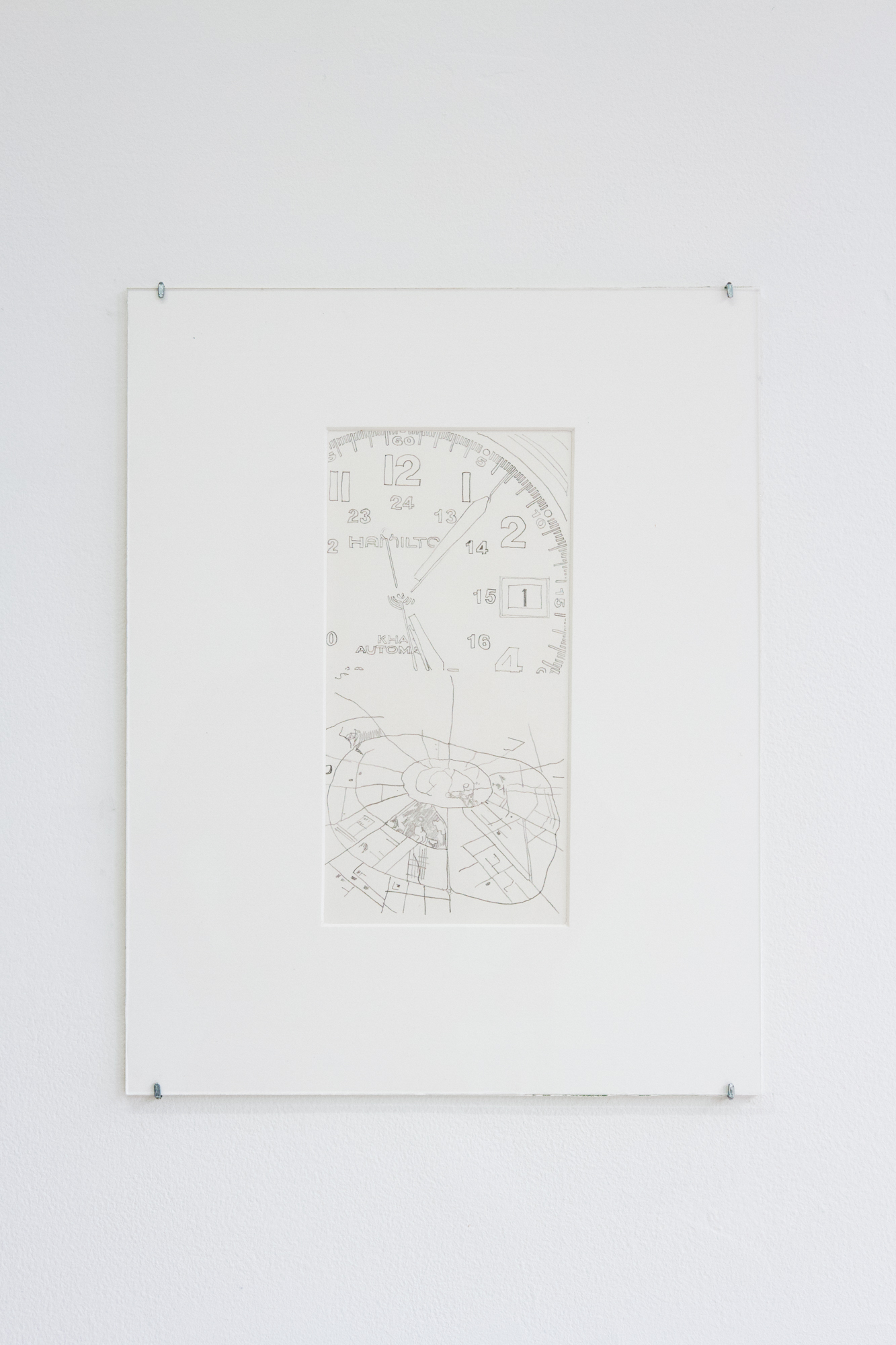 Justin Tenney, Hamilton Khaki Field Watch & Erbil, Kurdistan Region of Iraq, 2023, Graphite on paper, matted 11 ½ x 14 ½ inches. Courtesy of the artists and Chris Andrews, Montréal.