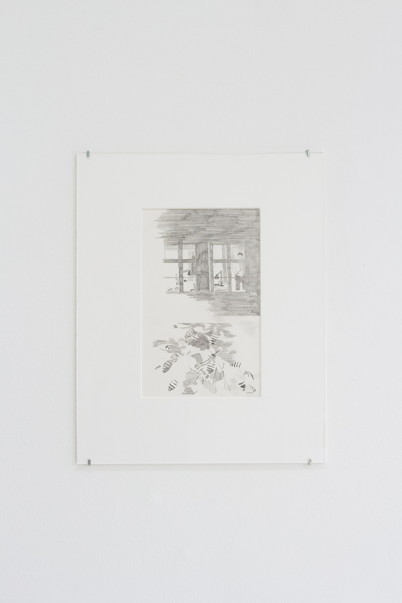 Justin Tenney, Out My Window & Laura’s Bees, 2023, Graphite on paper, matted, 11 ½ x 14 ½ inches. Courtesy of the artists and Chris Andrews, Montréal.