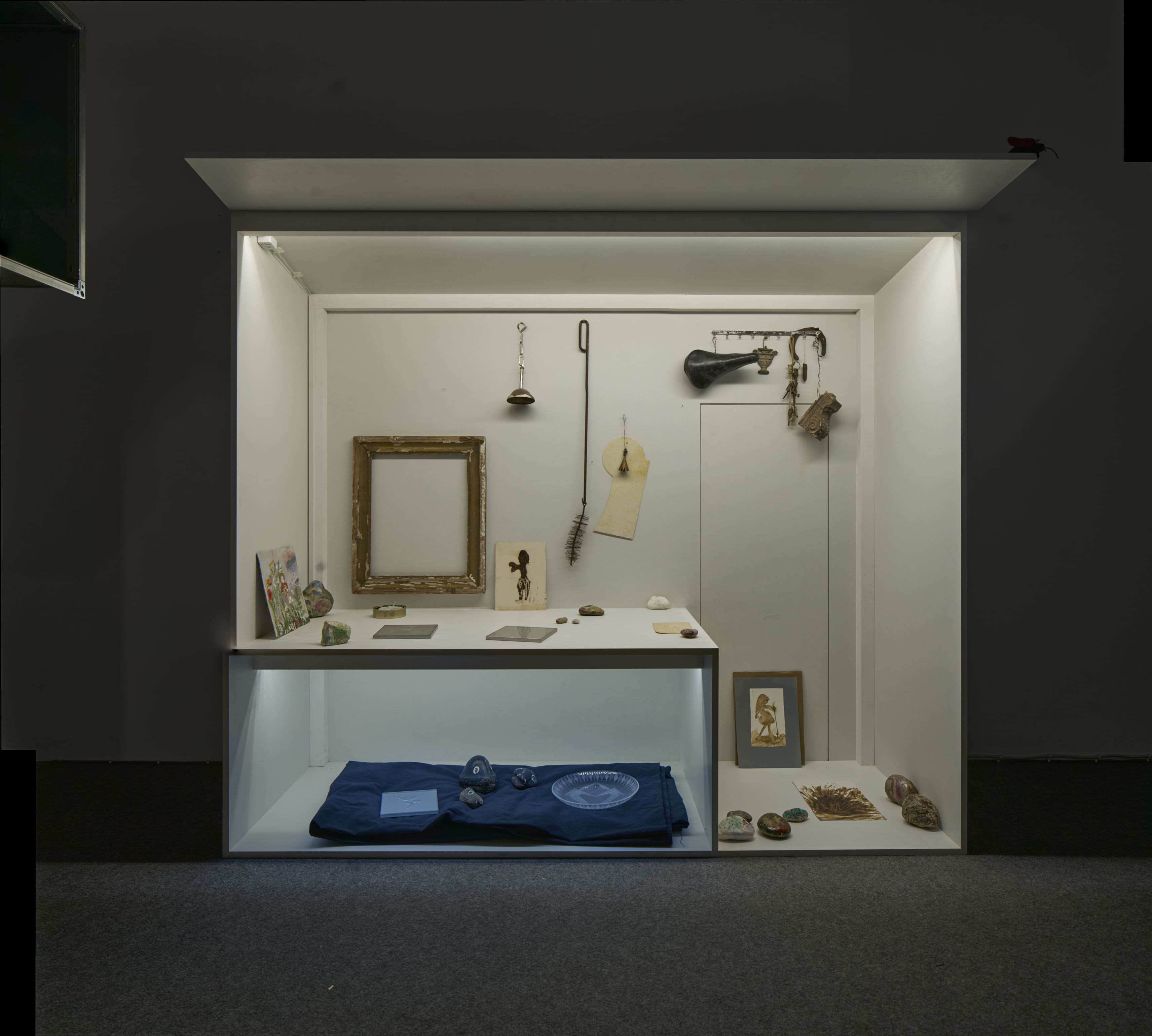 olia Astakhishvili, Hut 1, 2026 with works by Yaryna Fedoriv, Irma Gubeladze, Elene Chantladze 184 x 85 x 165 cm. Courtesy the artist, LC Queisser and Emalin. Photo: Tolia Astakhishvili Studio