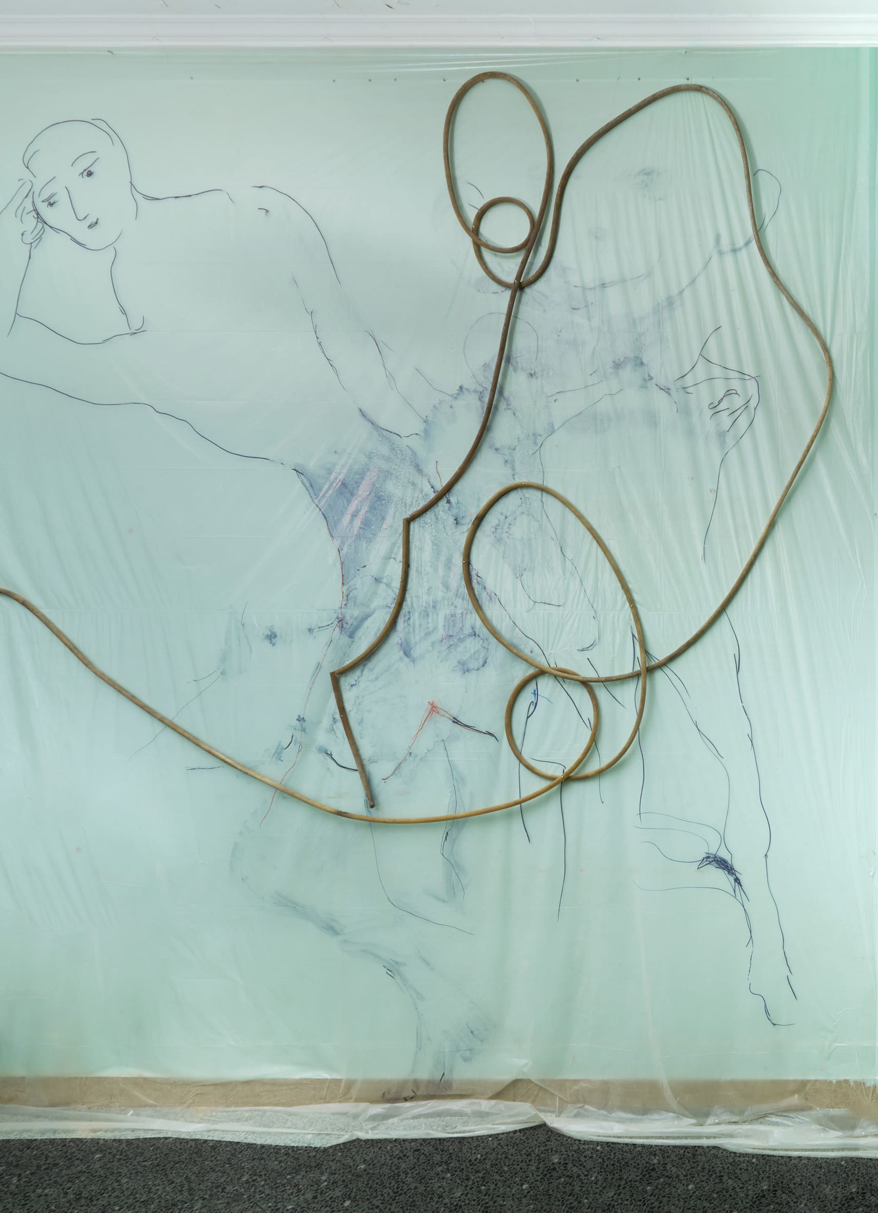 Tolia Astakhishvili, to love and devour, 2025, Plastic, permanent marker, plastic tube, sink 375 x 367 cm. Courtesy the artist, Nicoletta Fiorucci Foundation and LC Queisser, Tbilisi, Cologne. Photo: Tolia Astakhishvili Studio