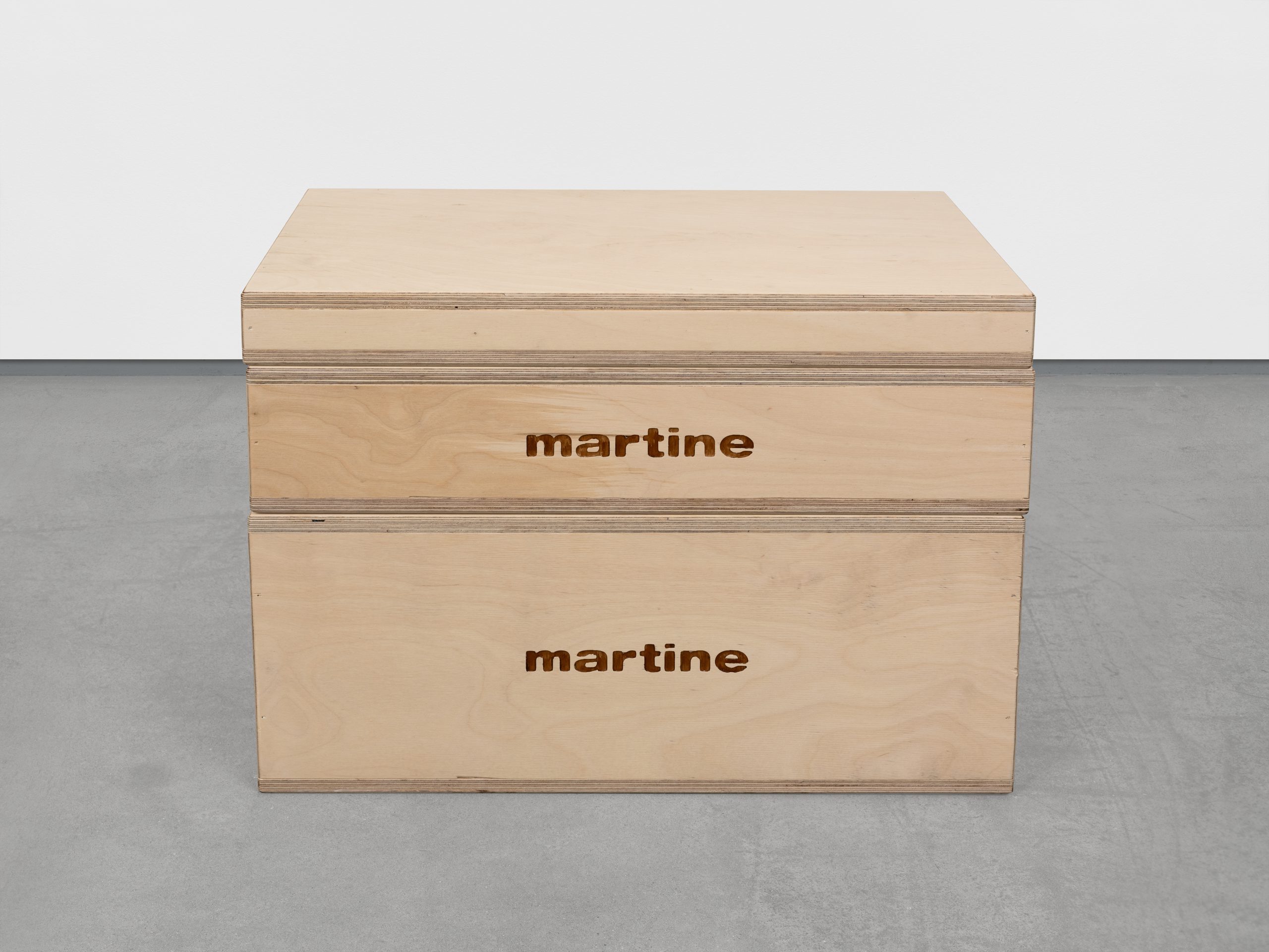Martine Syms, Look, there’s that apple that’s on television, 2026, CNC engraved birch ply, 28.4 x 30.5 x 50.8 cm / 11 ⅛ x 12 x 20 in. Courtesy of the artist and Sadie Coles.