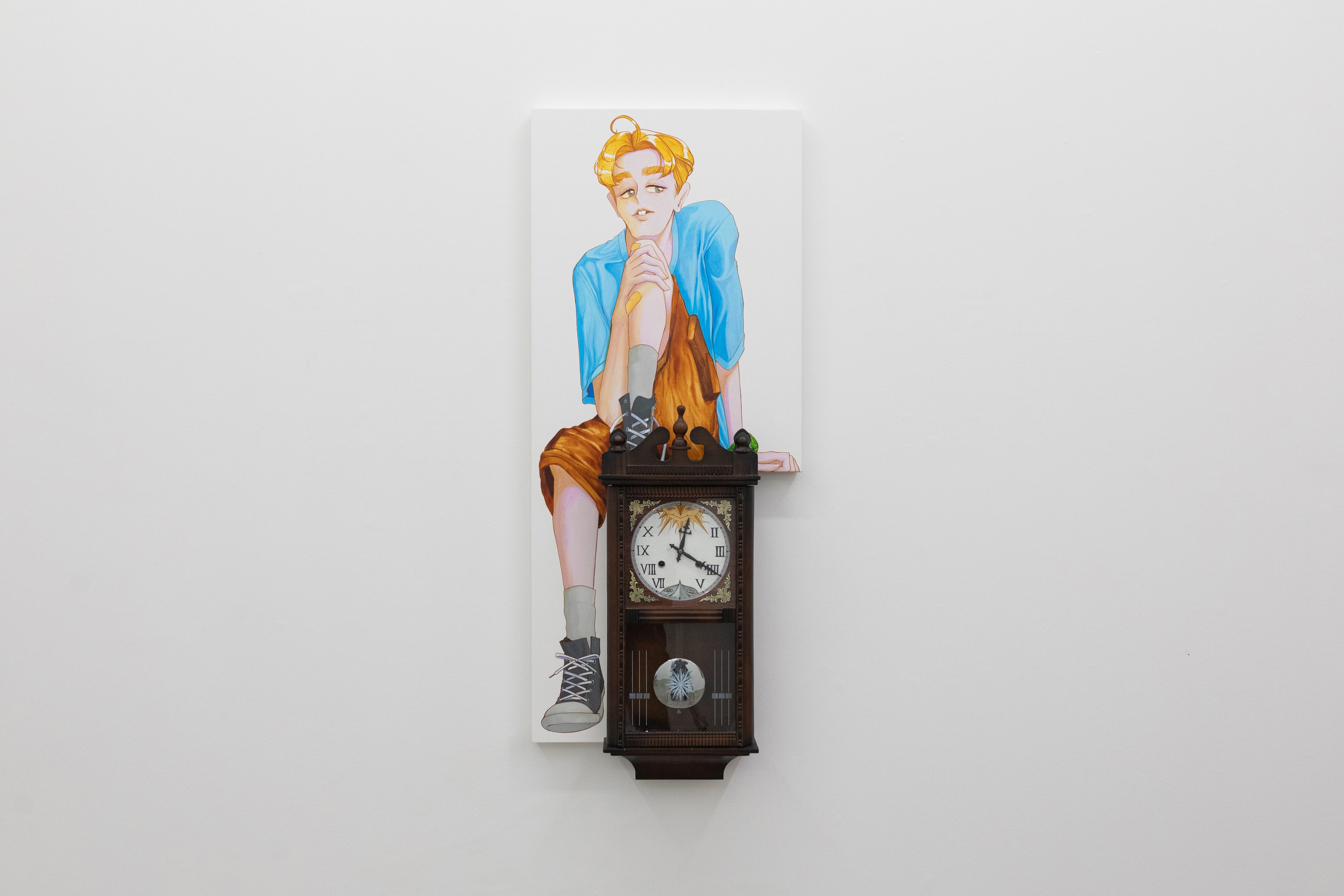 JULIEN CECCALDI Teenage Heir, 2026 Acrylic and ink on wood panel and antique clock. Courtesy of the artist and Cooper Cole.