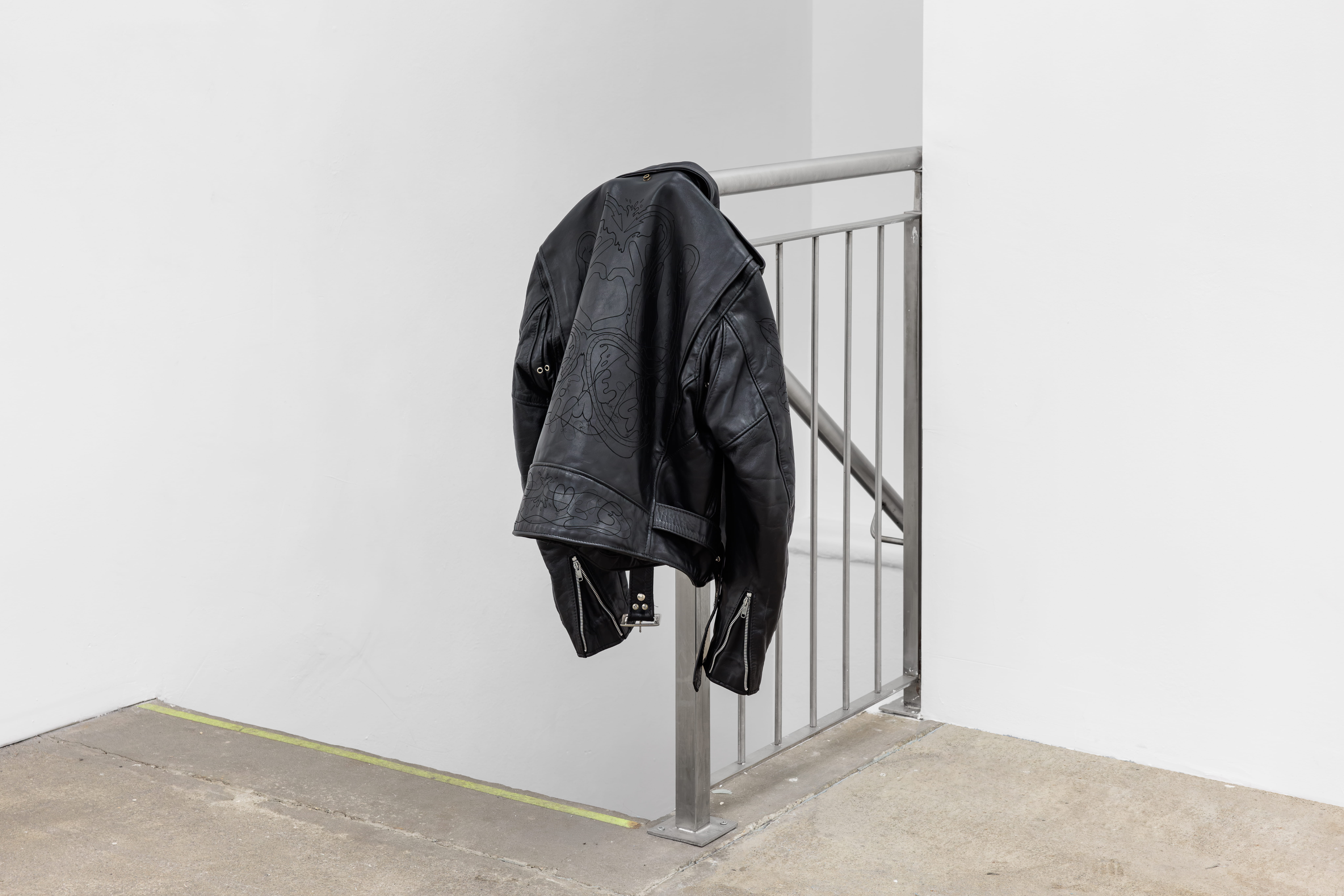 Roy Köhnke, PDA (Public Display of Affection) Jacket #3_+2TIME4U (leather jacket version), 2025, laser- engraved leather jacket. Courtesy of the artist and Sophie Tappeiner.