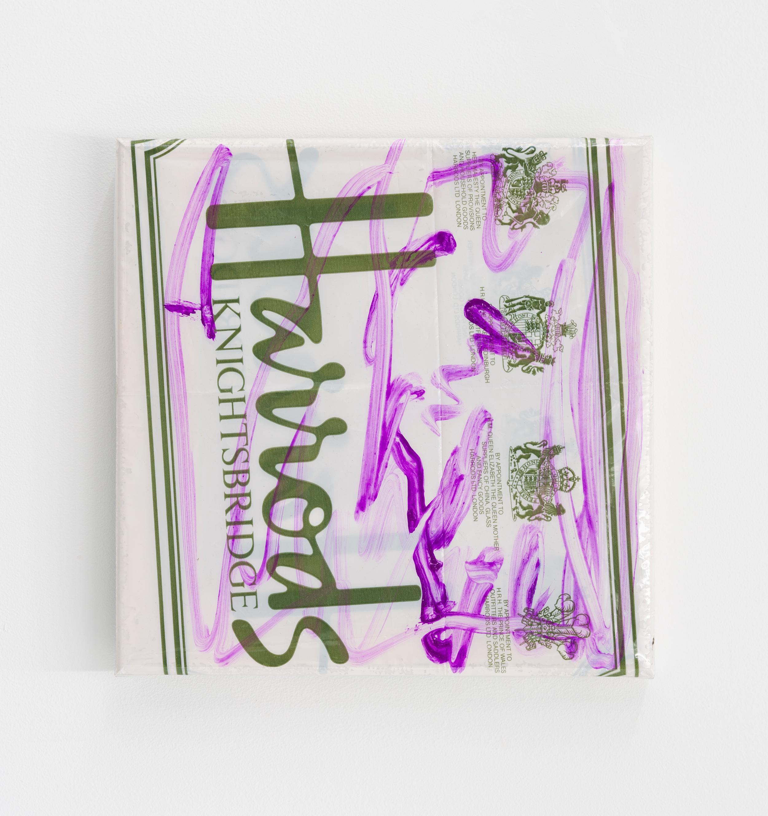Tam Ochiai, Harrods, 2026, acrylic on shopping bag, vinyl, 10 x 10 in. (25.4 x 25.4 cm). Courtesy of the artist and Ulrik.