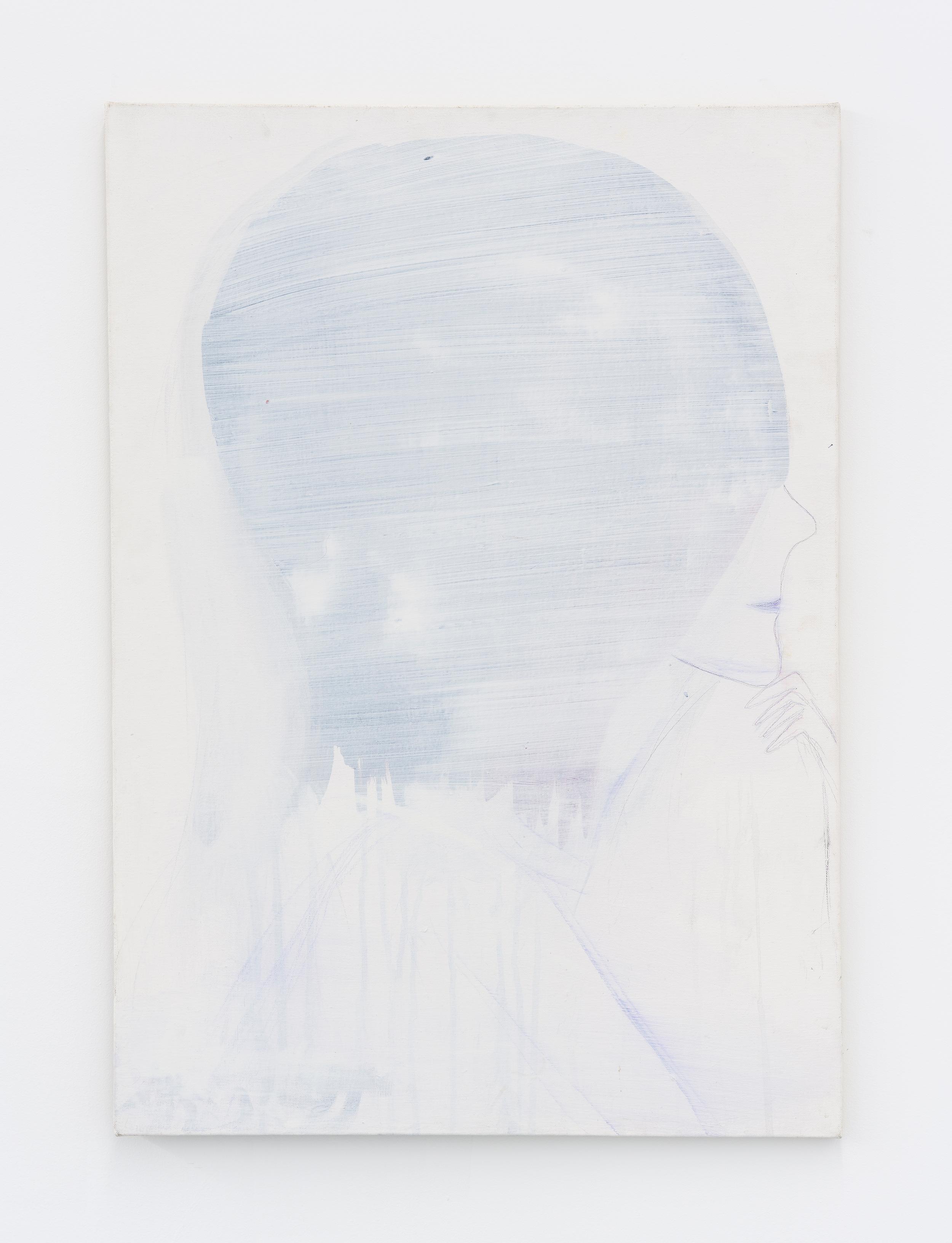 Tam Ochiai, Simone’s Confession & Sir Edmund’s Mass: she can’t cat hair: u.f.o. no school today, 2000, acrylic and pencil on canvas, 34 x 24 in. (86.4 x 61 cm). Courtesy of the artist and Ulrik, New York. 