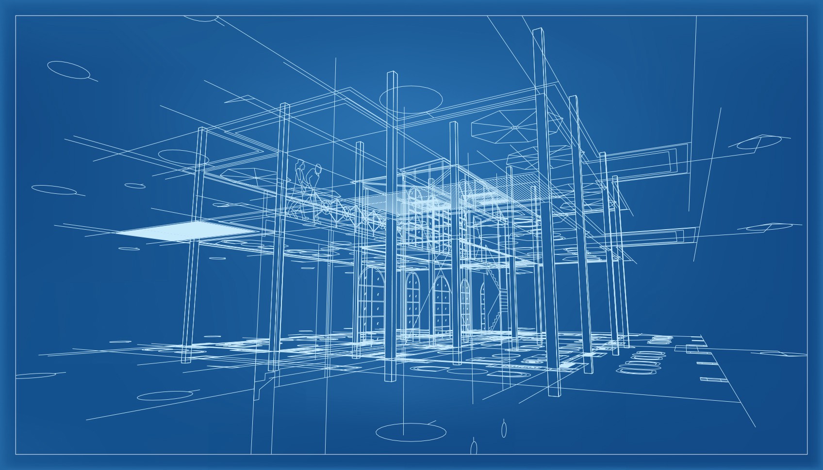 Screenshot of a building's 3D digital blueprint with blue background and white design
