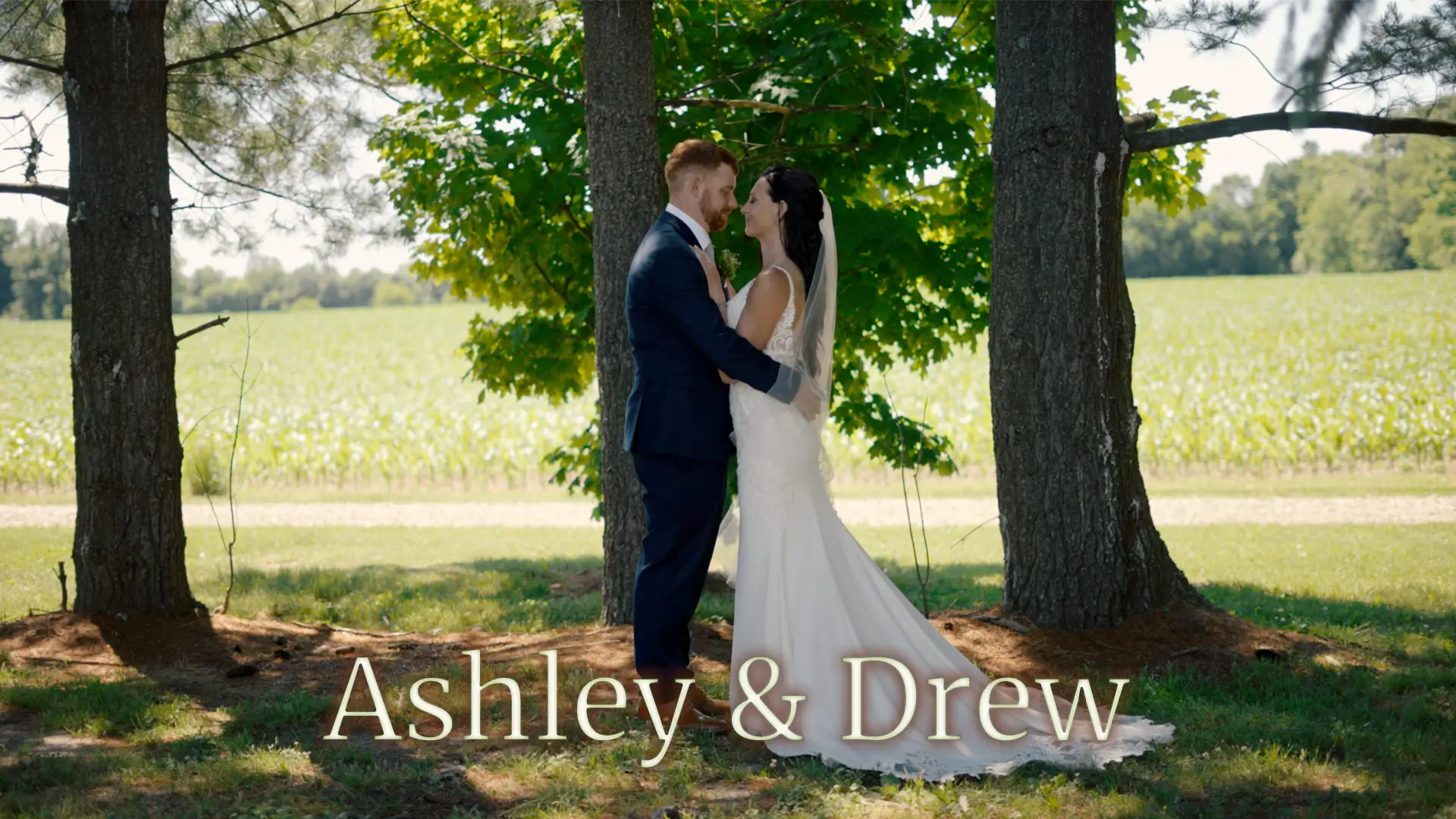 Ashley and Drew share a romantic moment on their wedding day, standing under trees with a lush, green Michigan landscape in the background. The couple gazes at each other lovingly, with "Ashley & Drew" text at the bottom.