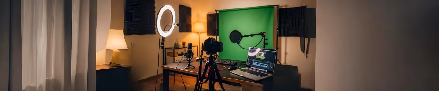Estúdio caseiro com câmera, ring light e fundo verde