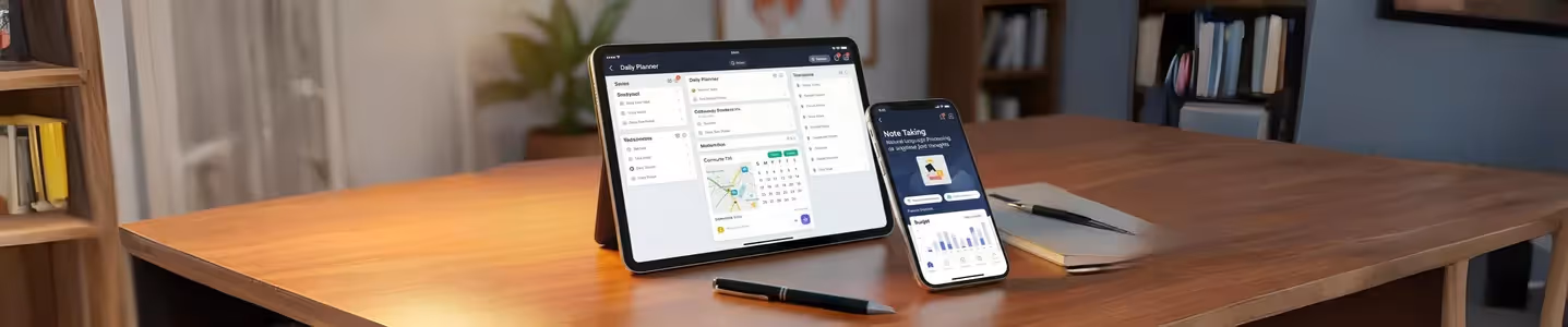 Tablet e smartphone sobre mesa exibindo apps de produtividade.