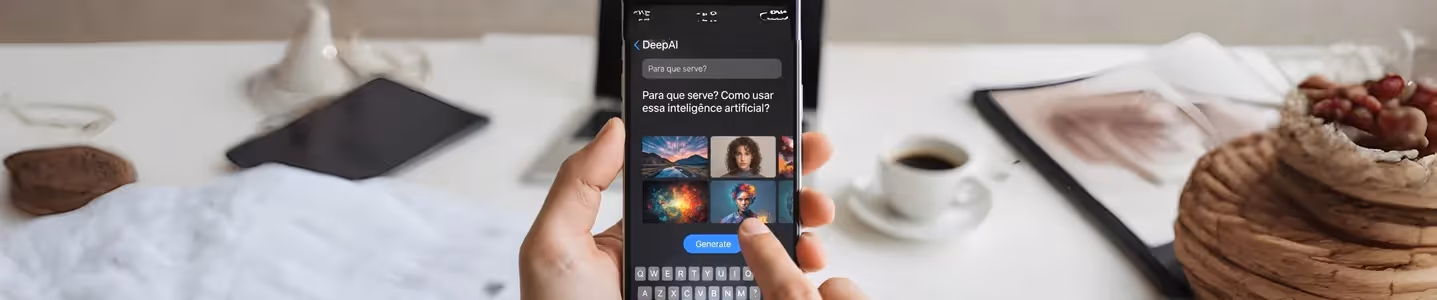 Pessoa usando DeepAI no celular para gerar imagens