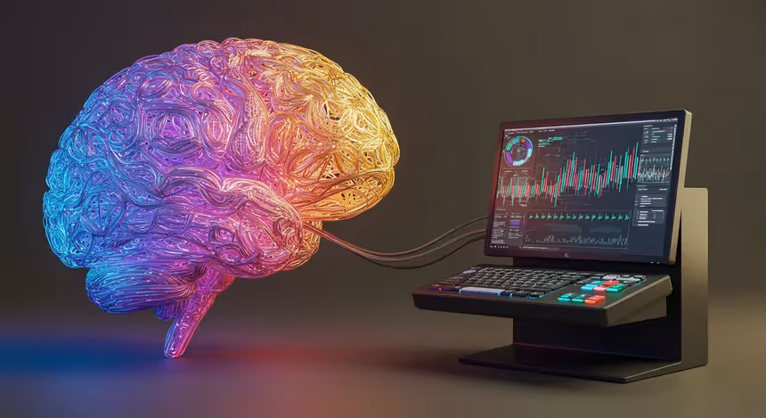 Cérebro conectado a computador com gráficos digitais