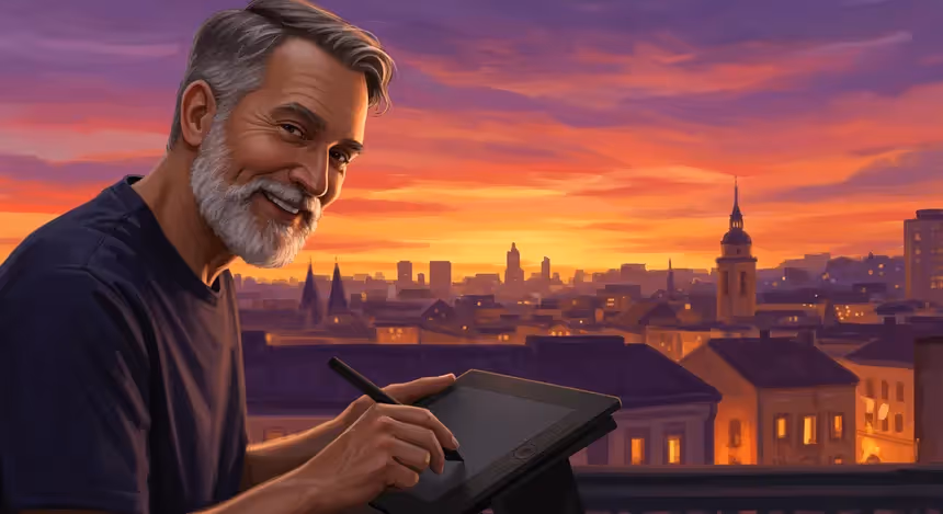 Artista digital sorrindo desenha em tablet ao pôr do sol