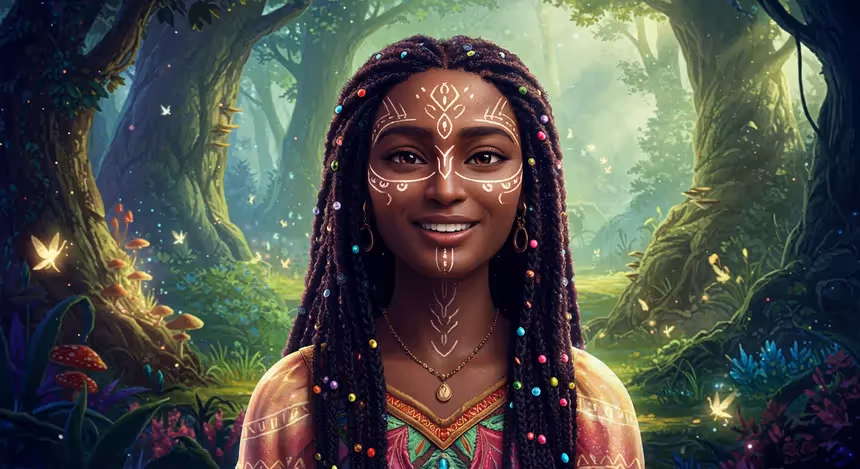 Arte digital de mulher sorridente em floresta encantada