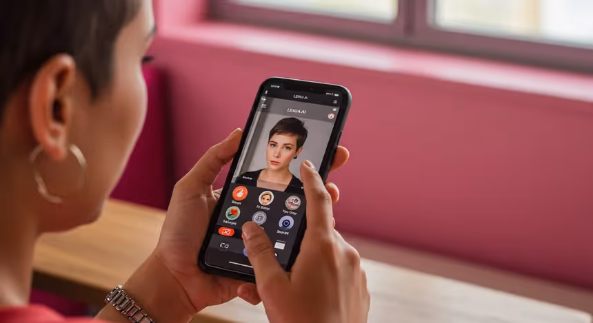 Pessoa usando aplicativo de edição de retratos com IA no celular