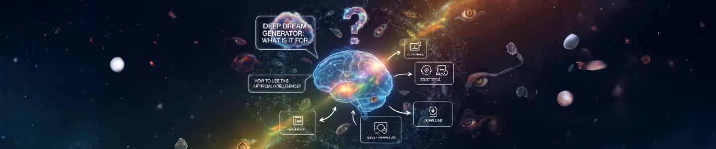 Banner panorâmico com cérebro cósmico e etapas do Deep Dream.
