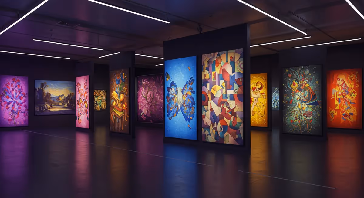 Exposição de arte digital com quadros coloridos em galeria.