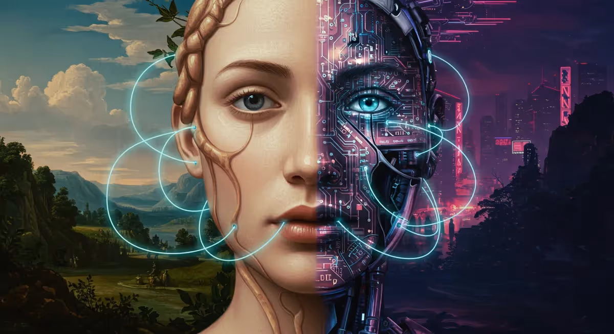 Arte mostrando rosto metade humano e metade ciborgue futurista