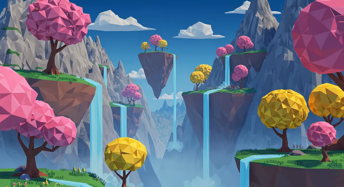 Ilustração 3D de paisagem fantástica com árvores coloridas