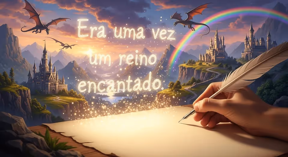 Cena mágica de castelo dragões e arco íris em reino encantado