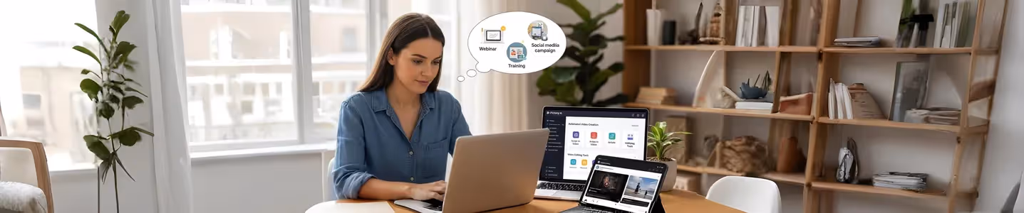 Mulher trabalha em casa com notebooks e softwares de vídeo