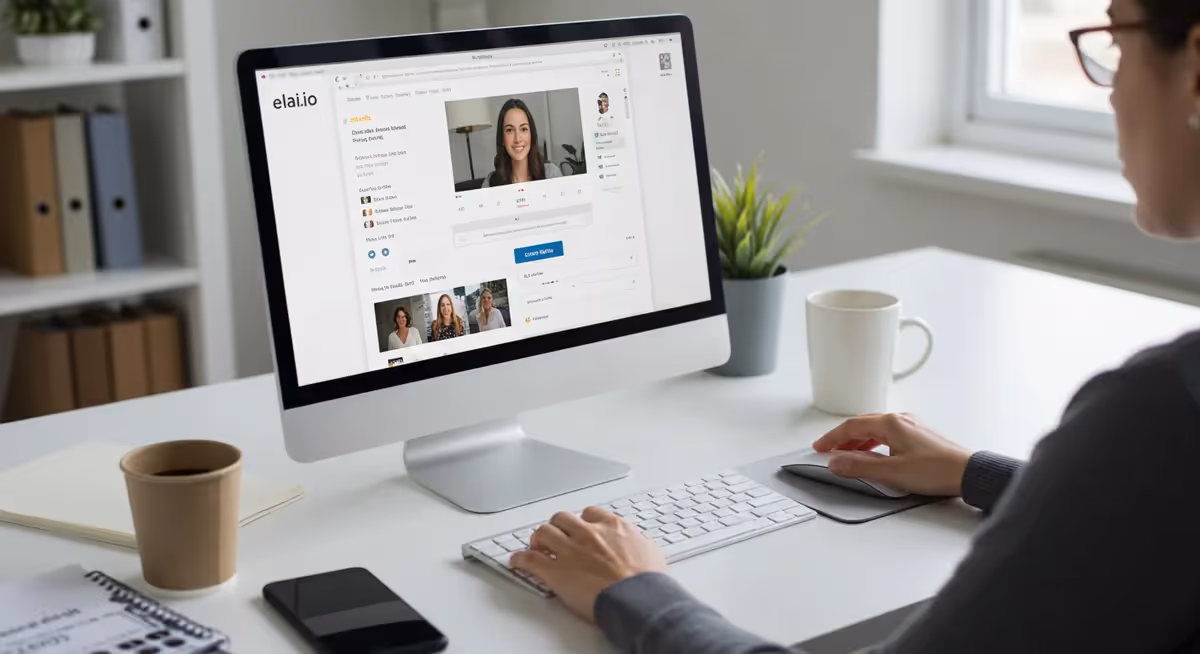 Mulher usa computador para videoconferência no escritório.