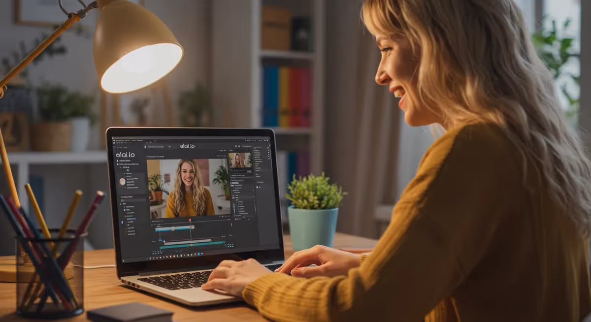 Mulher loira sorri enquanto edita vídeo em notebook.