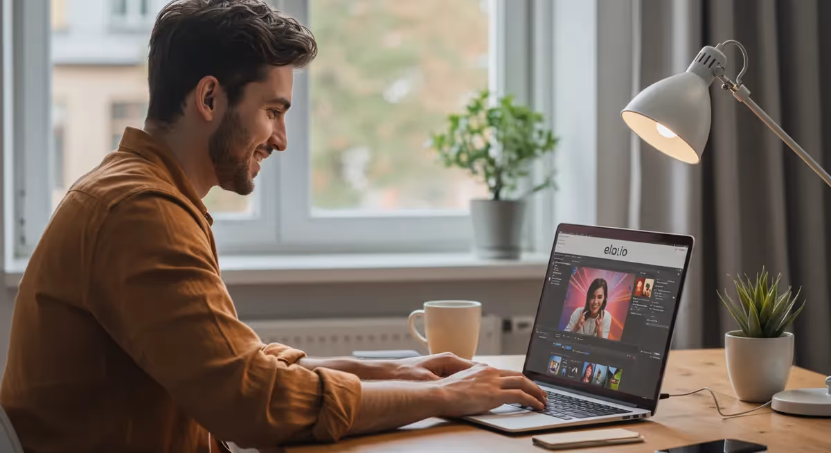 Homem trabalha em laptop com edição de vídeo aberta.