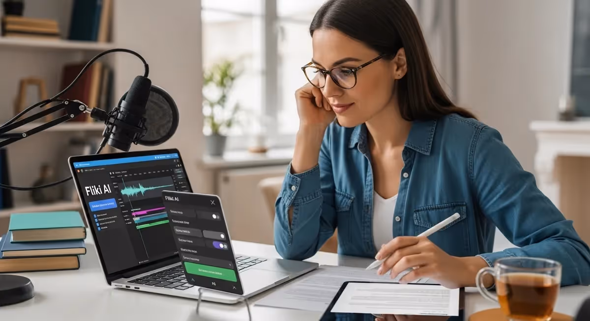 Criadora de conteúdo usando Fliki AI para edição de áudio